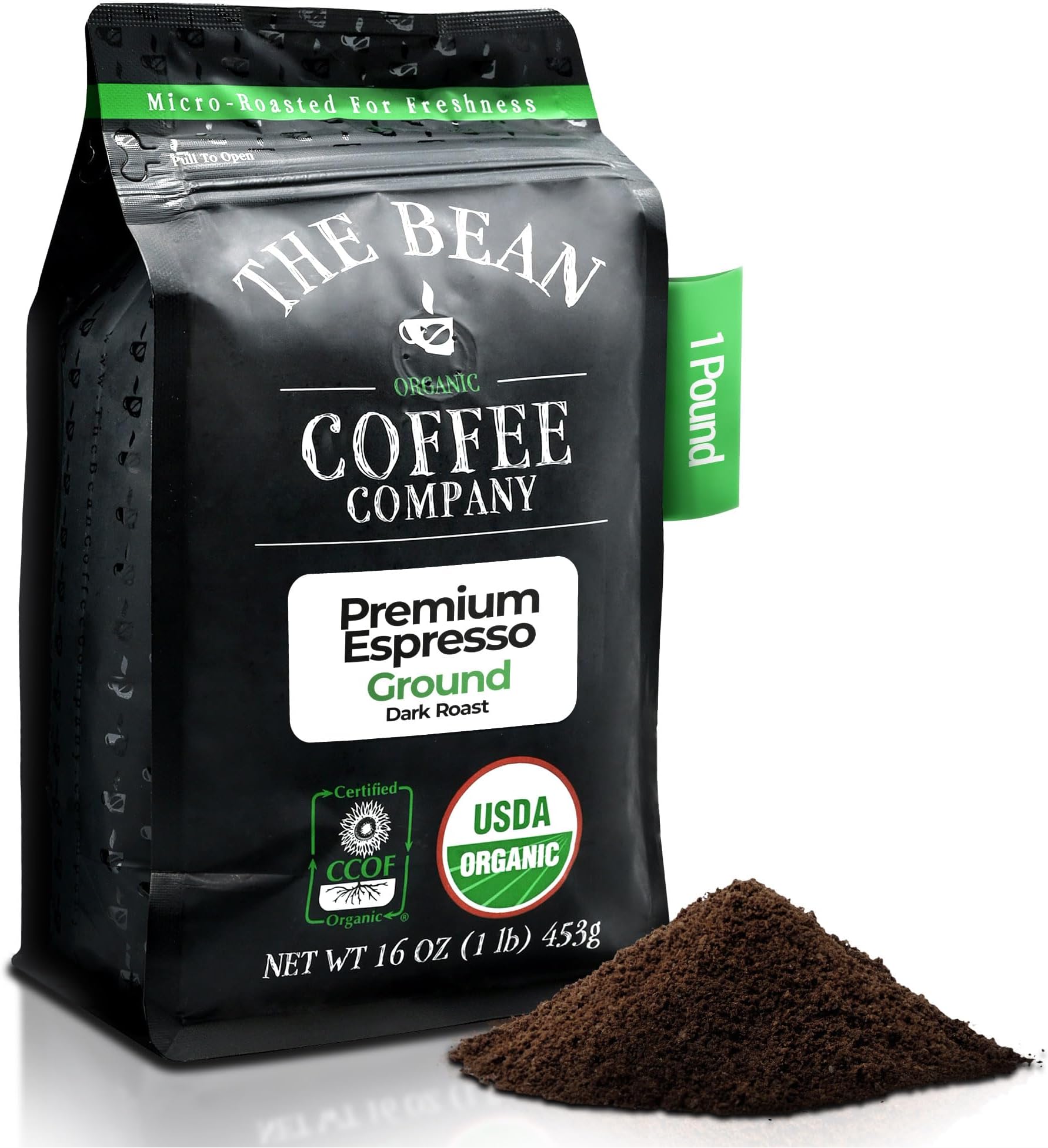 The Bean Organic Coffee Company Premium Espresso, Dark Roast, Ground Coffee, 16-Ounce Bag, Café molido tostado orgánico