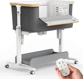 Electric Rocking Bassinet for Baby Automatic Bedside Sleeper Rocks Itself 3 Motion Auto Rolling Newborn Cradle 5 Height Adjustable with Music, Wheels, Storage, Dark Grey