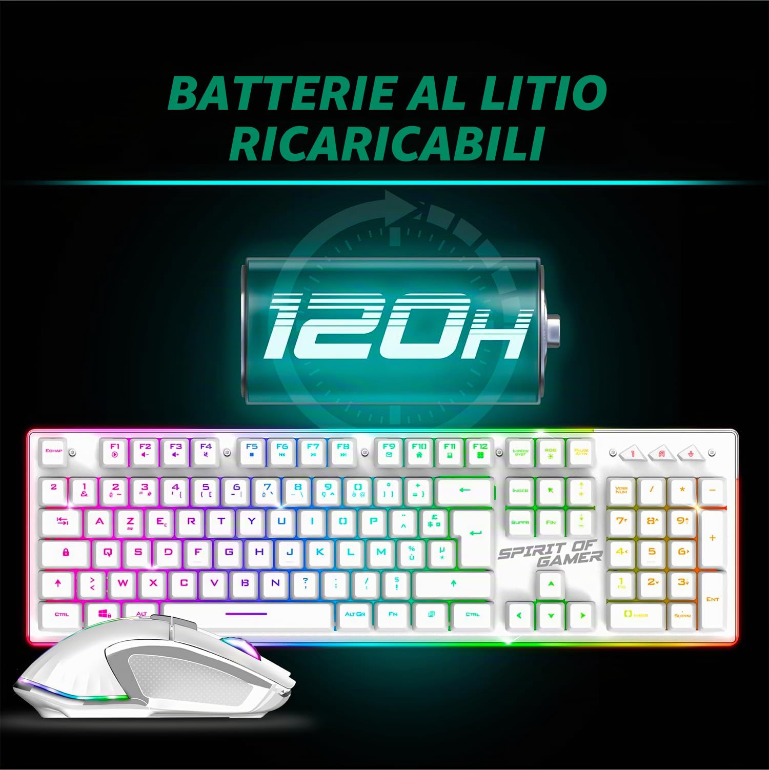 SPIRIT OF GAMER x MK600 | Pack Tastiera Mouse Wireless Gamer Bianco Ricaricabile RGB | Layout QWERTZ Tedesco Retroilluminato | Gaming Keyboard Semi Meccanica | Wireless Mouse 4800 DPI | PC