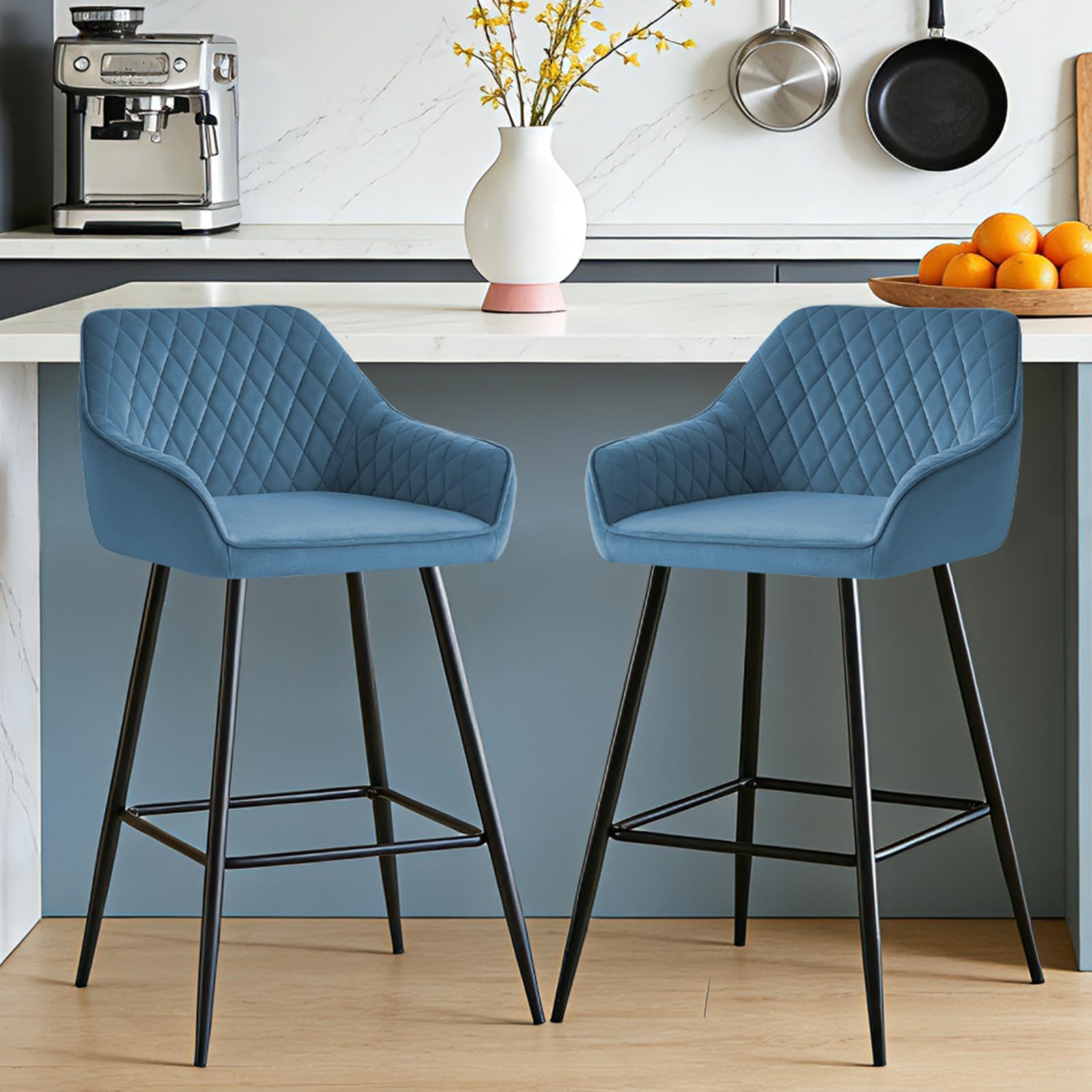 Lot 4 Tabourets de Bar Bleu-Vert, Chaises de Salon, Chaises de Bar, Siège en Velours avec Dossier, Accoudoir et Repose-Pieds Métallique pour Bistrots,Bar,Bureau (4, Bleu-Vert)