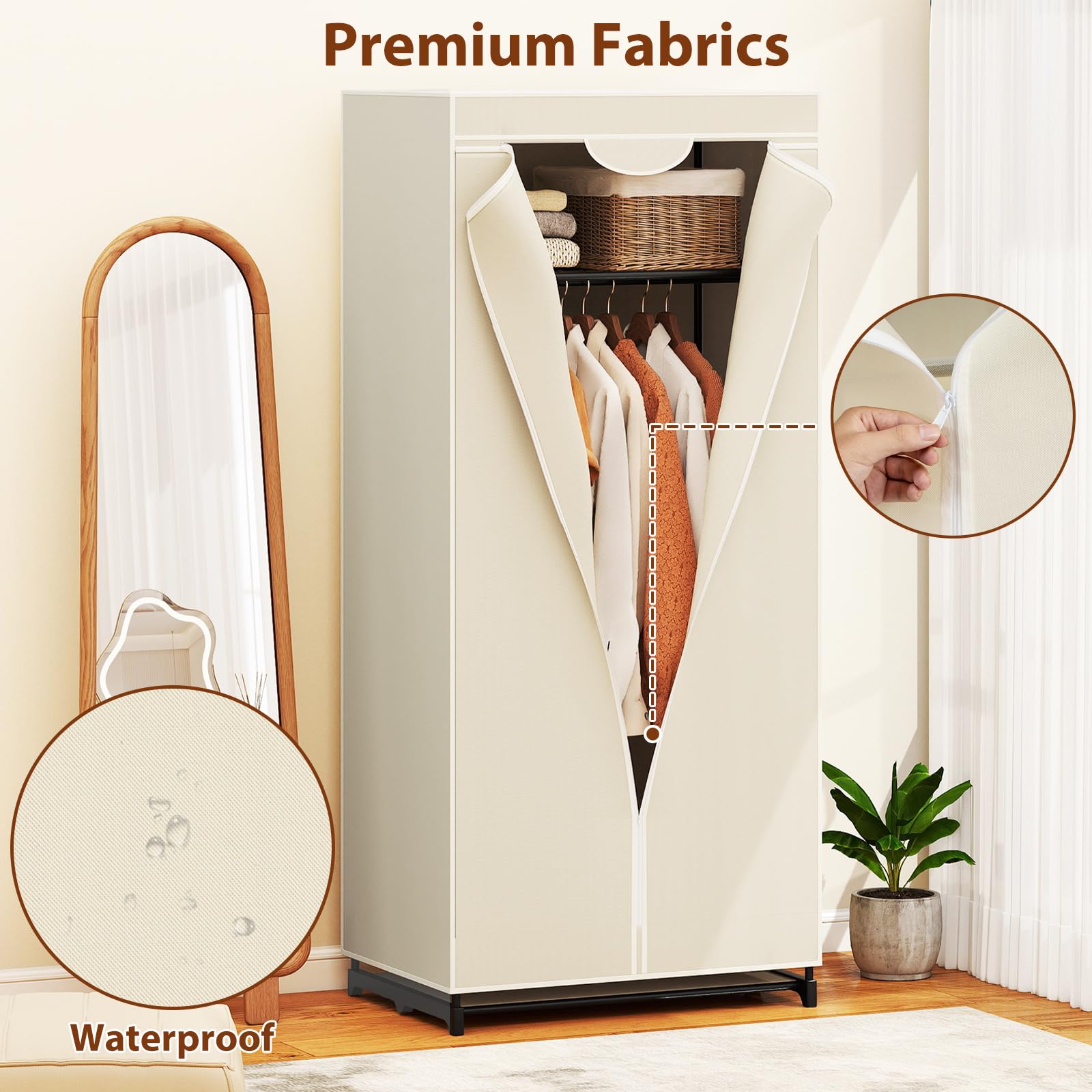 HOMASIS Armario de Tela Plegable,Armario de Ropa Portátil con Cremallera,1 Barra Colgante y 2 Estantes,Organizador de Armarios Ropero para Dormitorio, Vestidor, Salón, 74 x 50 x 172 cm (Beige)
