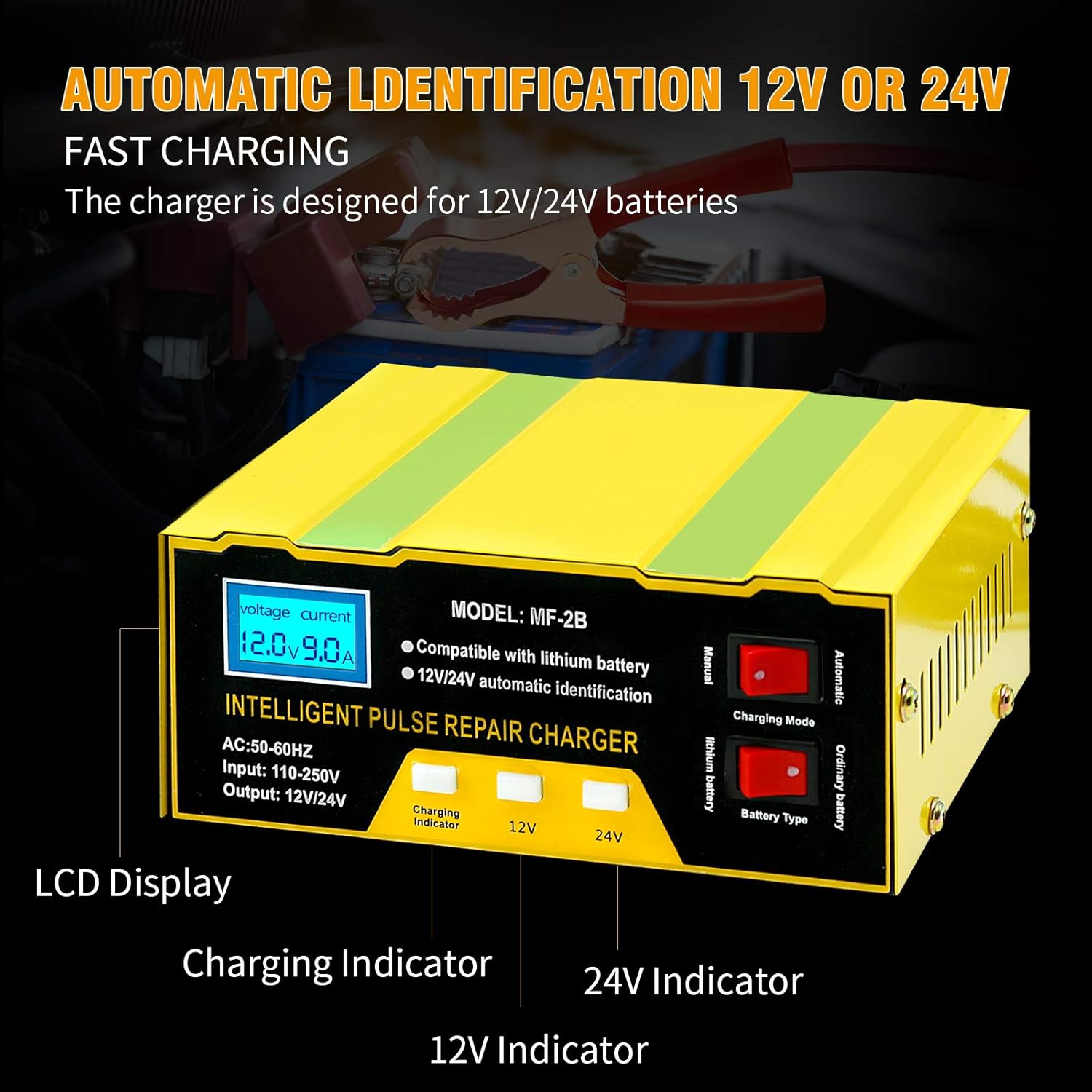 MDEOOSKY Car Battery Charger 12V / 24V, 6AH~105AH Portable Trickle Charger and Maintainer with Auto/Manual Modes for Motorcycle, Marine, Truck, Boat, Lawn Mower Lead Acid Battery or Lithium Battery