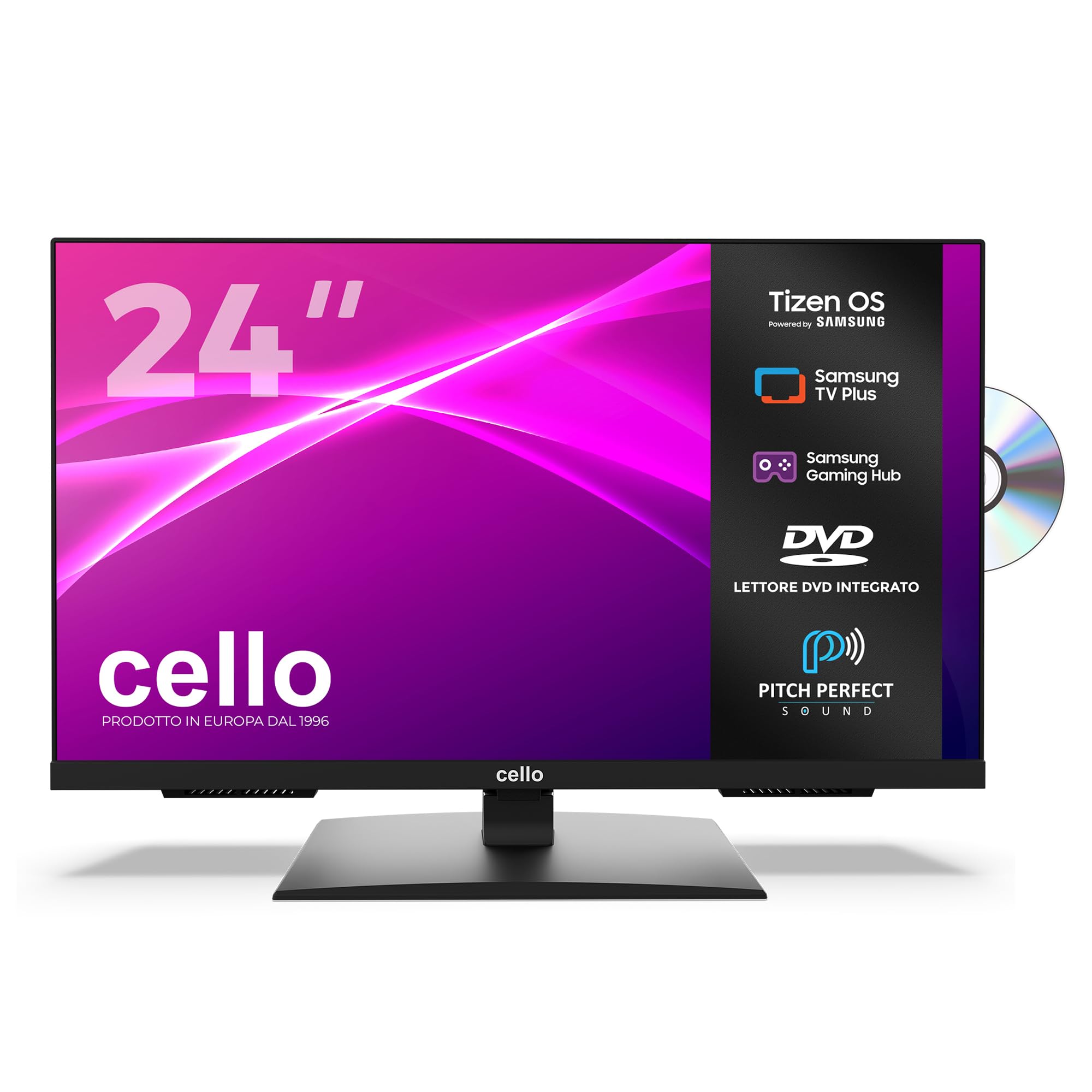 Cello C2426TZF TV/DVD Smart 24" senza cornice con Tizen OS di Samsung, Gaming Hub, altoparlanti Pitch Perfect, Bluetooth, prodotto nel Regno Unito, ideale per cucina e camera da letto.