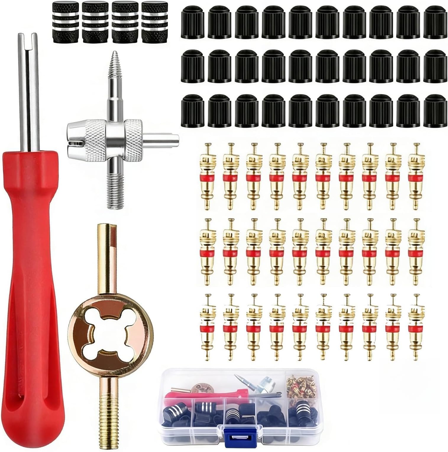 67PCS Tire Valve Core Tool Kit, Valve Core Remover and Valve Stem Repair Kit with 30 Valve Cores, 30 Valve Caps, 4-Way Schrader Valve Tool for Car Motorcycle Bicycle ATV Tire Repair
