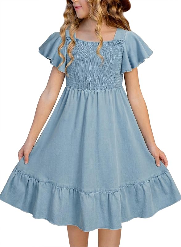 blibean Girls Summer Dresses Kids Polka Dot Smocked Dress Size 6-15 Years