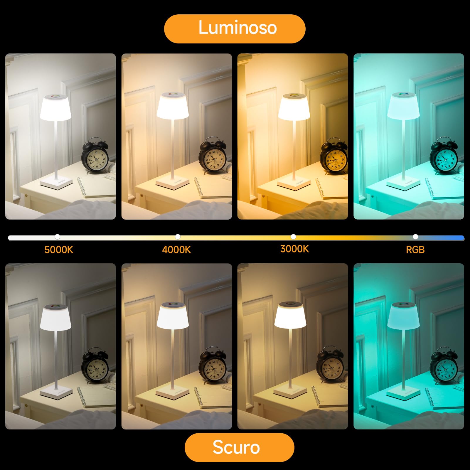WOWDSGN Lampada da Scrivania senza Fili - Lampada LED da Tavolo Ricaricabile con Touch Dimmer - Temperatura Colore Regolabile - Impermeabile IP44 - Lampada Tavolo RGB a Batteria 4000mAh