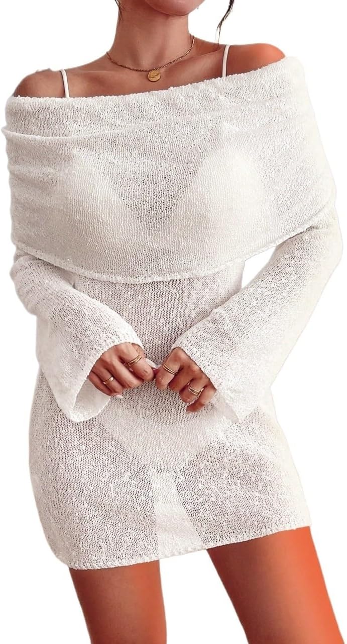 Women's Summer Beach Solid Color Off-Shoulder Hollow Long Sleeve Dress cover ups for swimwear