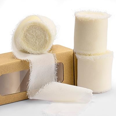 Chiffon Ribbon, 3 Rolls Cream White Handmade Fringe Chiffon Silk Ribbon 2" x 7Yd Ribbons Set for Wedding Invitations, Brid...