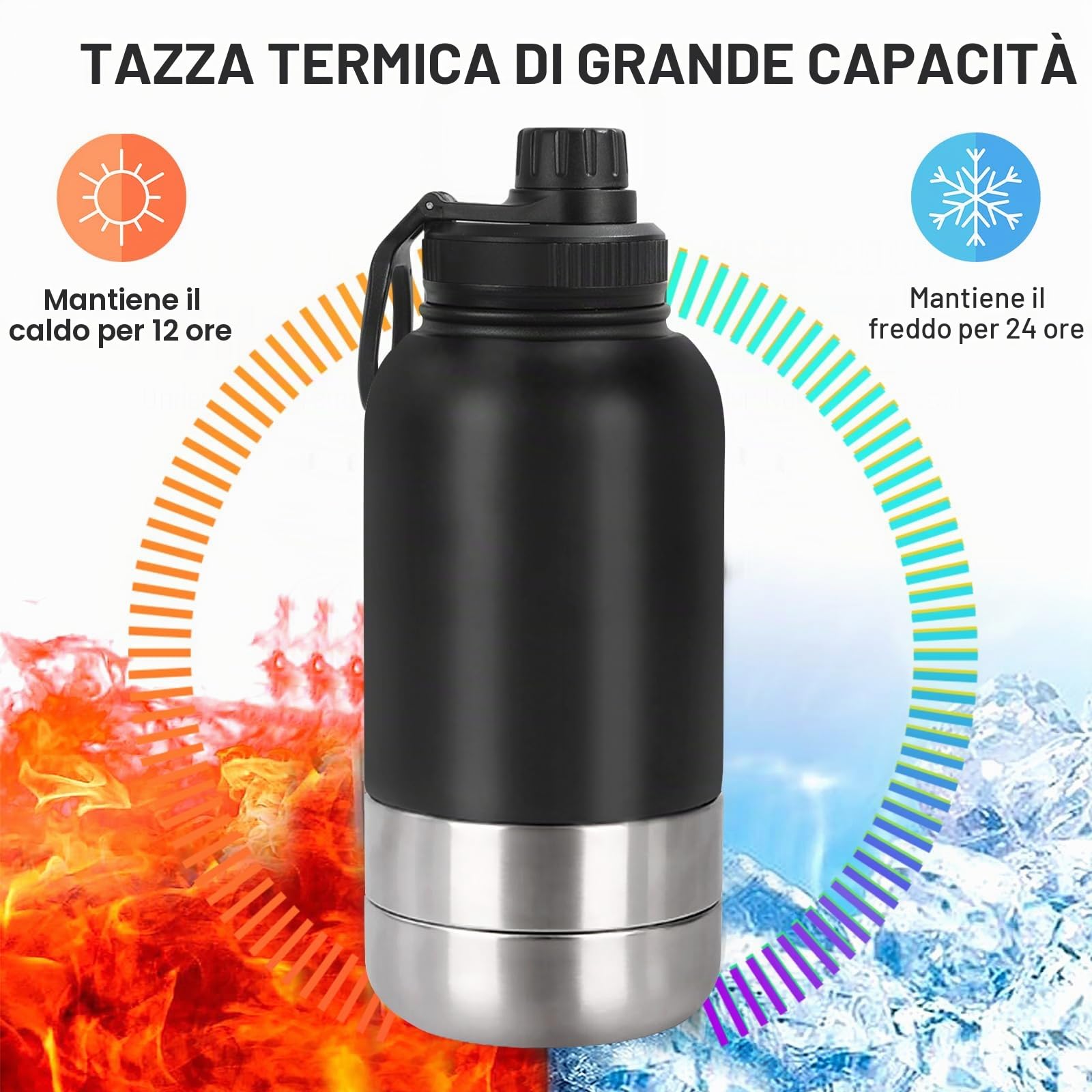 Borraccia per cani da viaggio, 950 ml, isolata, in acciaio inox, con ciotola e ciotola per acqua, portatile, senza BPA, per viaggi, passeggiate e attività all'aperto (nero, L)