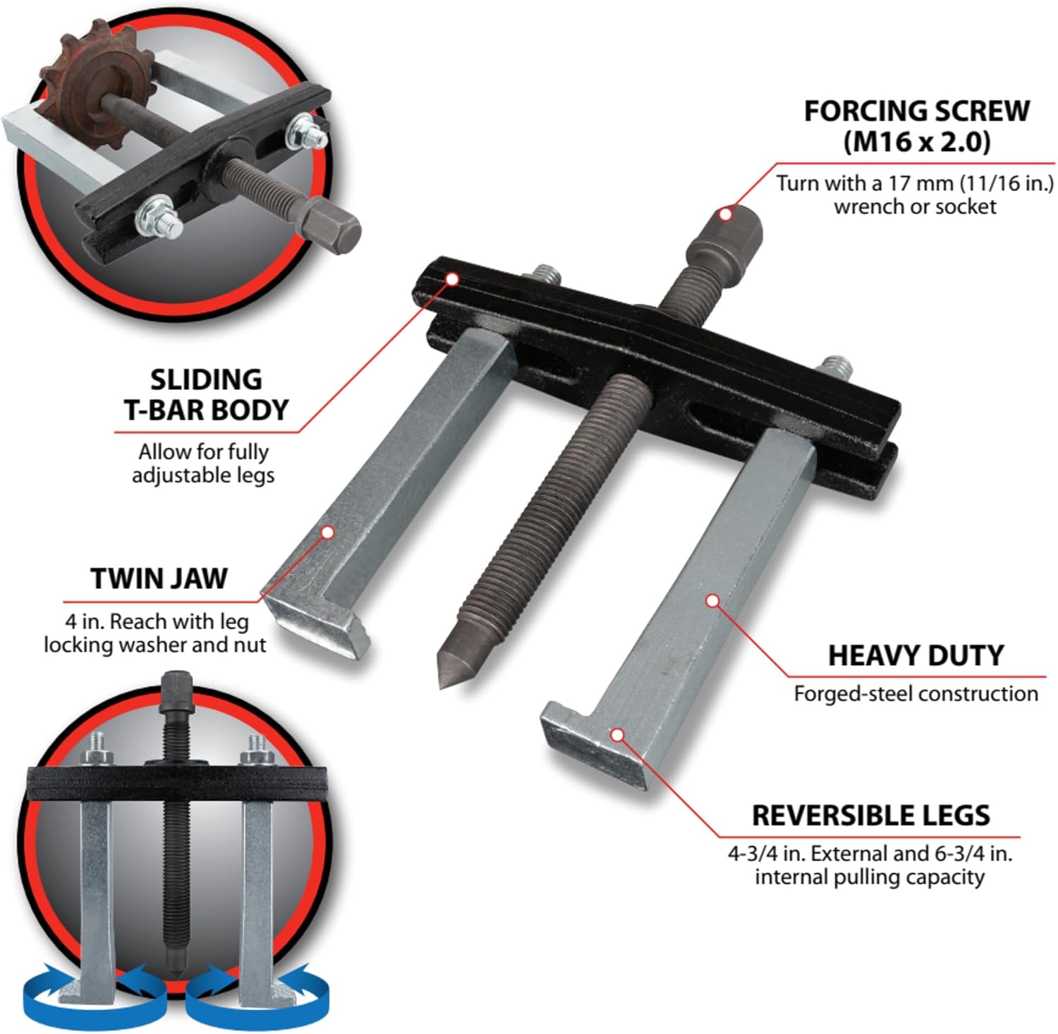Performance Tool W87135 6-3/4 in. Twin Jaw Reversible Puller
