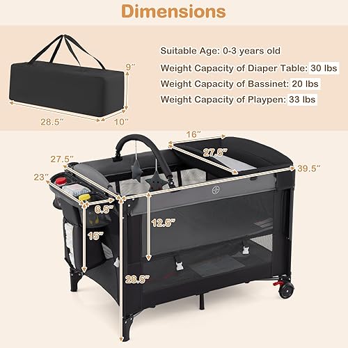 Miniatura 9 de HONEY JOY Pack and Play, cama 5 en 1 para bebé con moisés, toldo extraíble, cambiador de pañales, cremallera lateral, altura ajustable, cuna