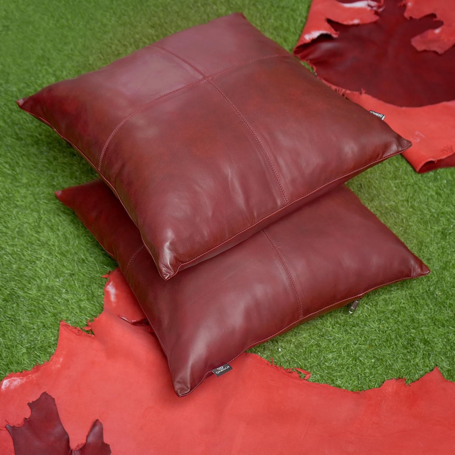 QAWACH Lambskin Leather Rectangle Pillow Covers (Pack Of 2) - 22x30 Inch, Red, Decorative Throw - View #10