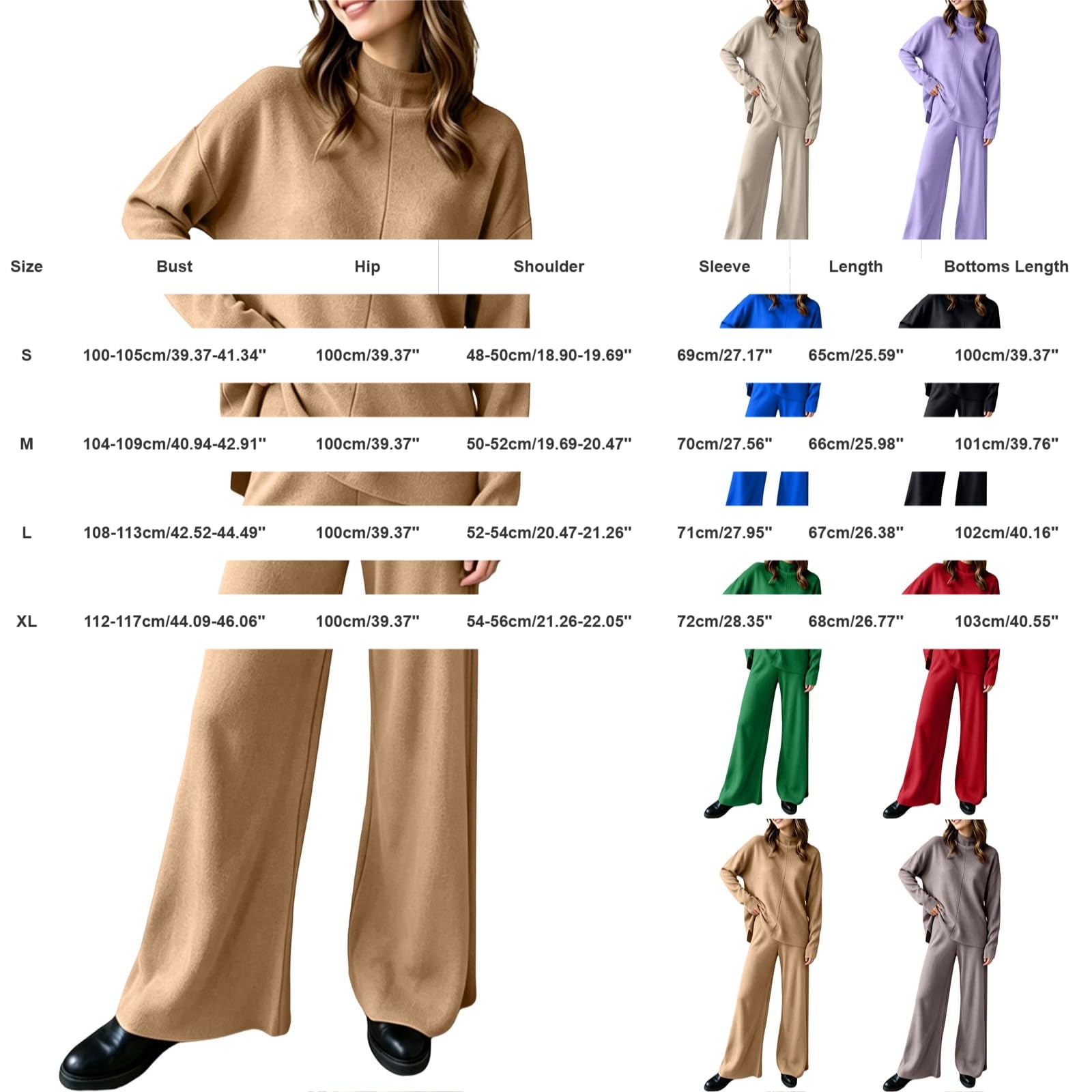 Set da donna in due pezzi, elegante, 2 pezzi, pantaloni lunghi ed eleganti | Maglia a collo alto, tinta unita, con pantaloni dritti, tuta per il tempo libero, morbida e confortevole, tinta unita