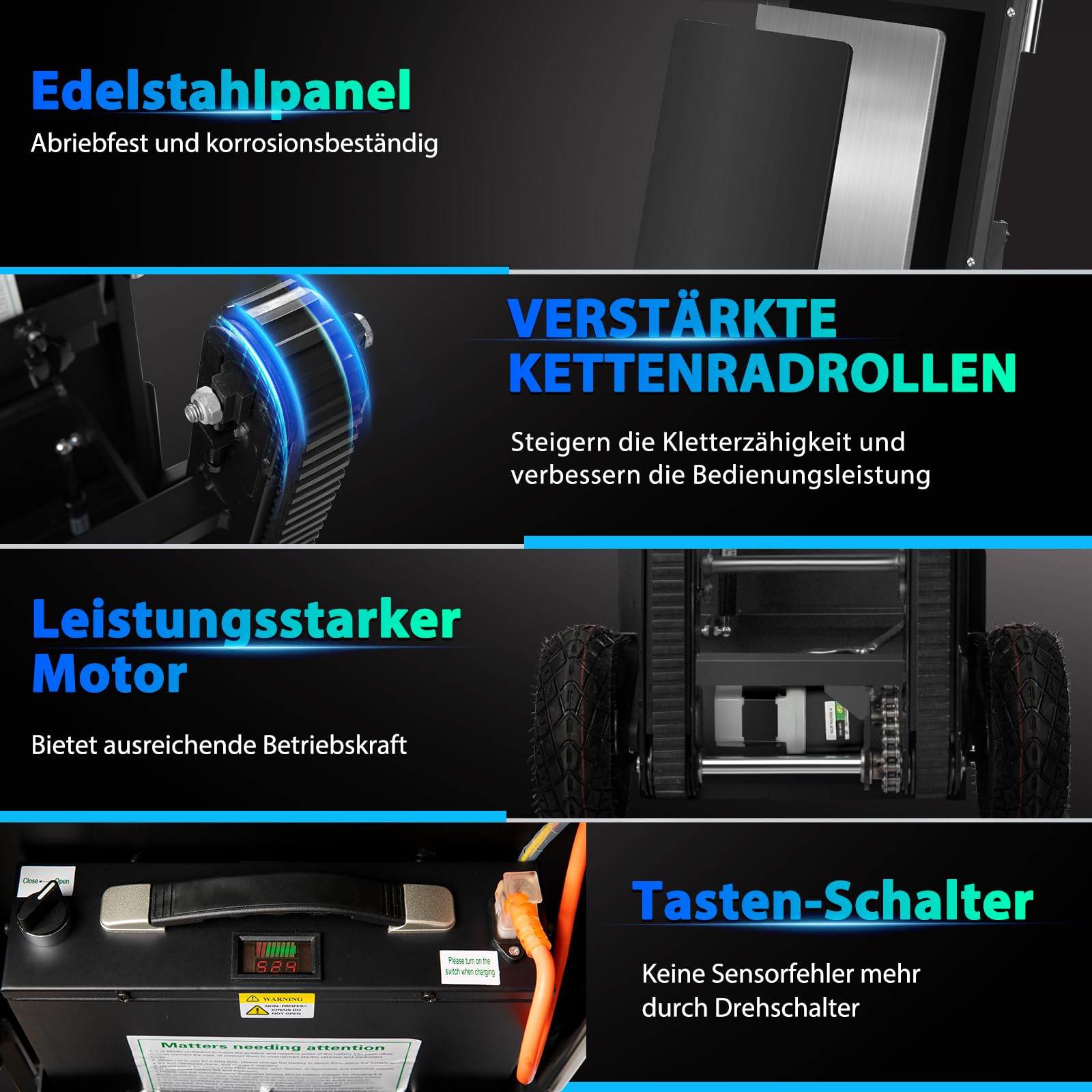 1250W Elektrische Sackkarre mit Gummiketten, Elektrischer Treppensteiger 408kg Tragkraft, Treppen & Abstiege BewäLtigen, Treppensteiger mit Sicherheitsseil & Luftpumpe für Möbeltransportieren Schwarz