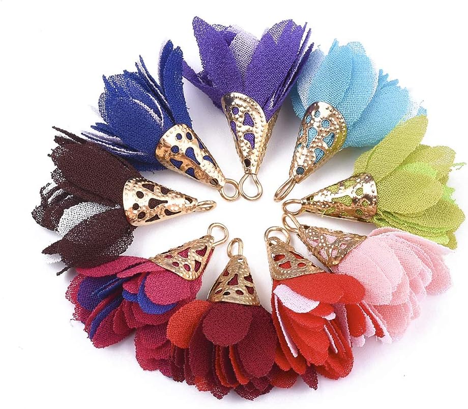 Cheriswelry 200pcs Cloth Fabric Flower Pendants Acrylic Pearl Floral Petal Tassel Charms with Golden Filigree Flower Metal Cap Mixed Color for DIY Earrings Keychain Jewelry Making Crafts 30-35mm