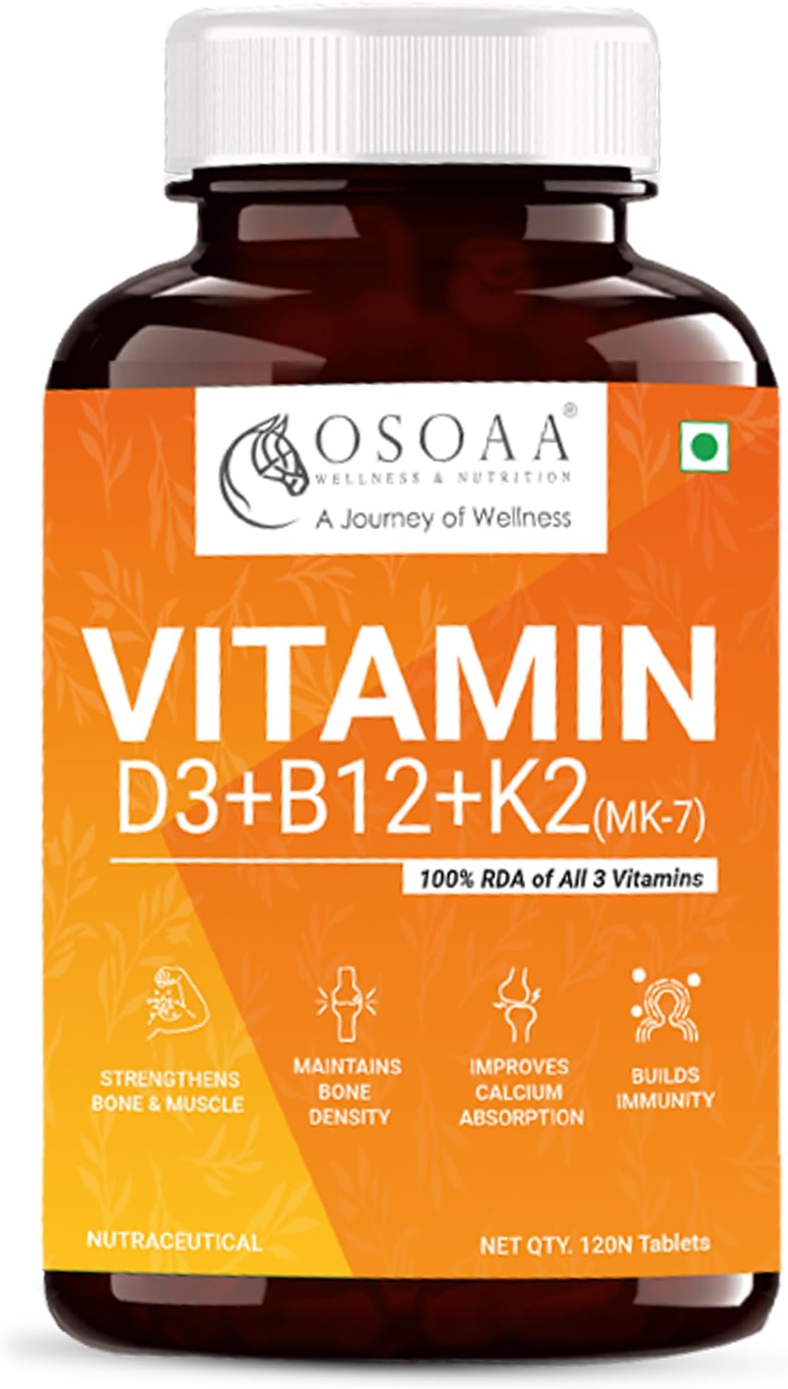 OSOAA Vitamin D3 K2 MK7 Supplement - 120 Tablets | Vitamin D3 (600 IU) | Promotes Calcium Absorption, Bone Health, Muscle Strength & Immunity | Plant Based Vitamin D3- Lichen Source