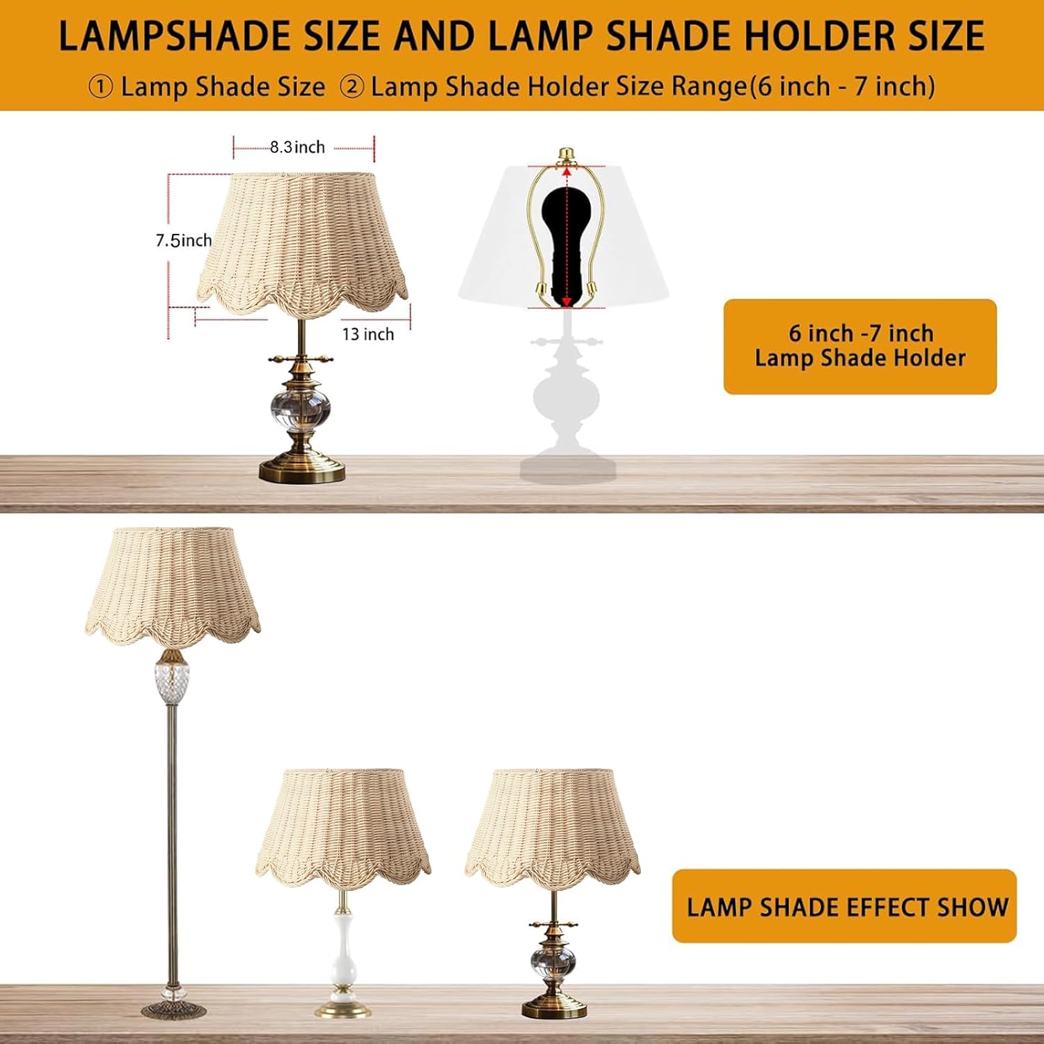 8.3" Top X 13" Bottom X 7.5" High X 7.9" Slant, Small Scalloped Lamp Shade, Tropical Lampshade,Rattan Lamp Shade, Wicker Seagrass Lamp Shades for Table Lamp (Natural)