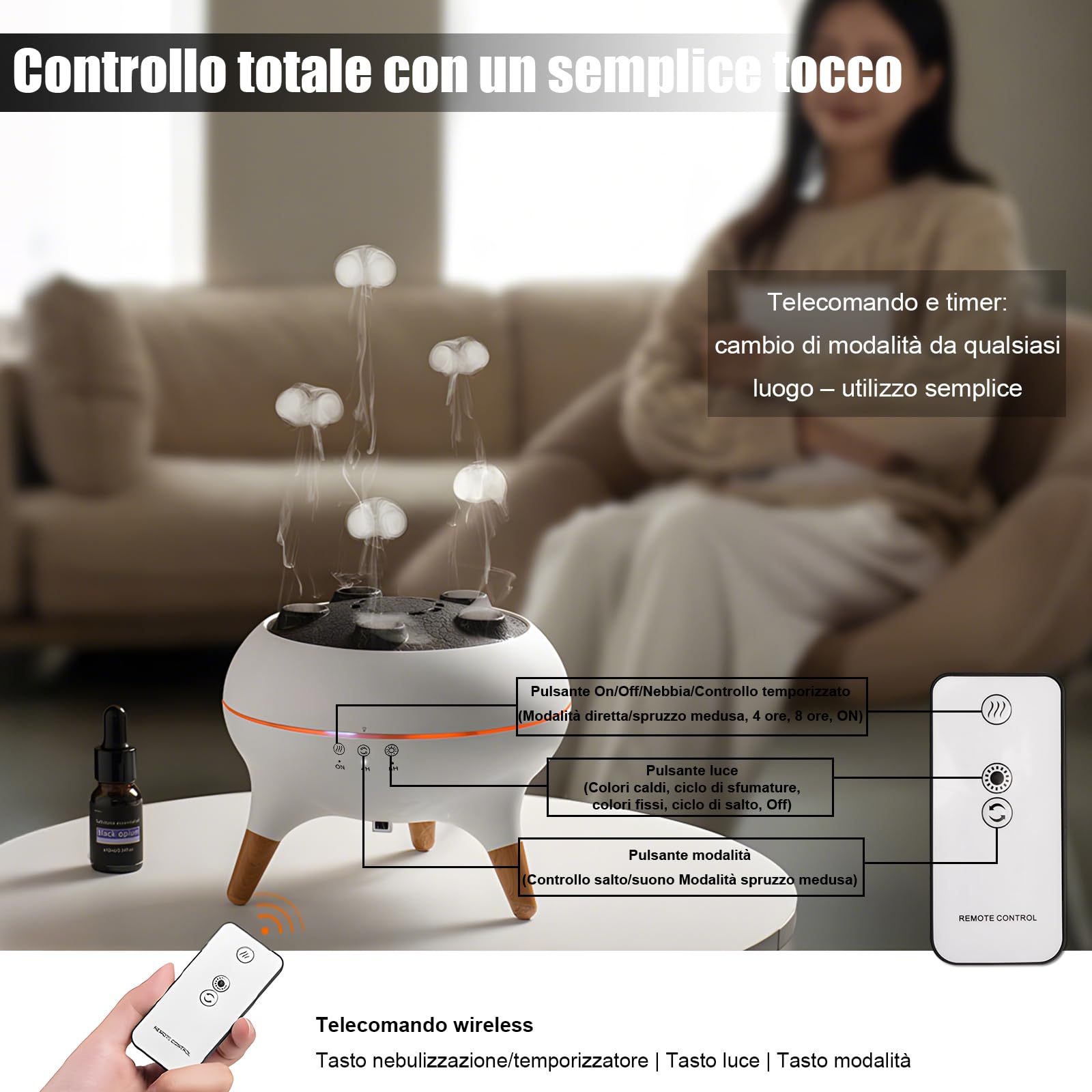 Jellyfish Diffusore di aromi, diffusore di oli essenziali, 250 ml, umidificatore, sincronizzazione musicale, Jelly Fish con luce a 7 colori, telecomando e timer per l'ufficio domestico (bianco)
