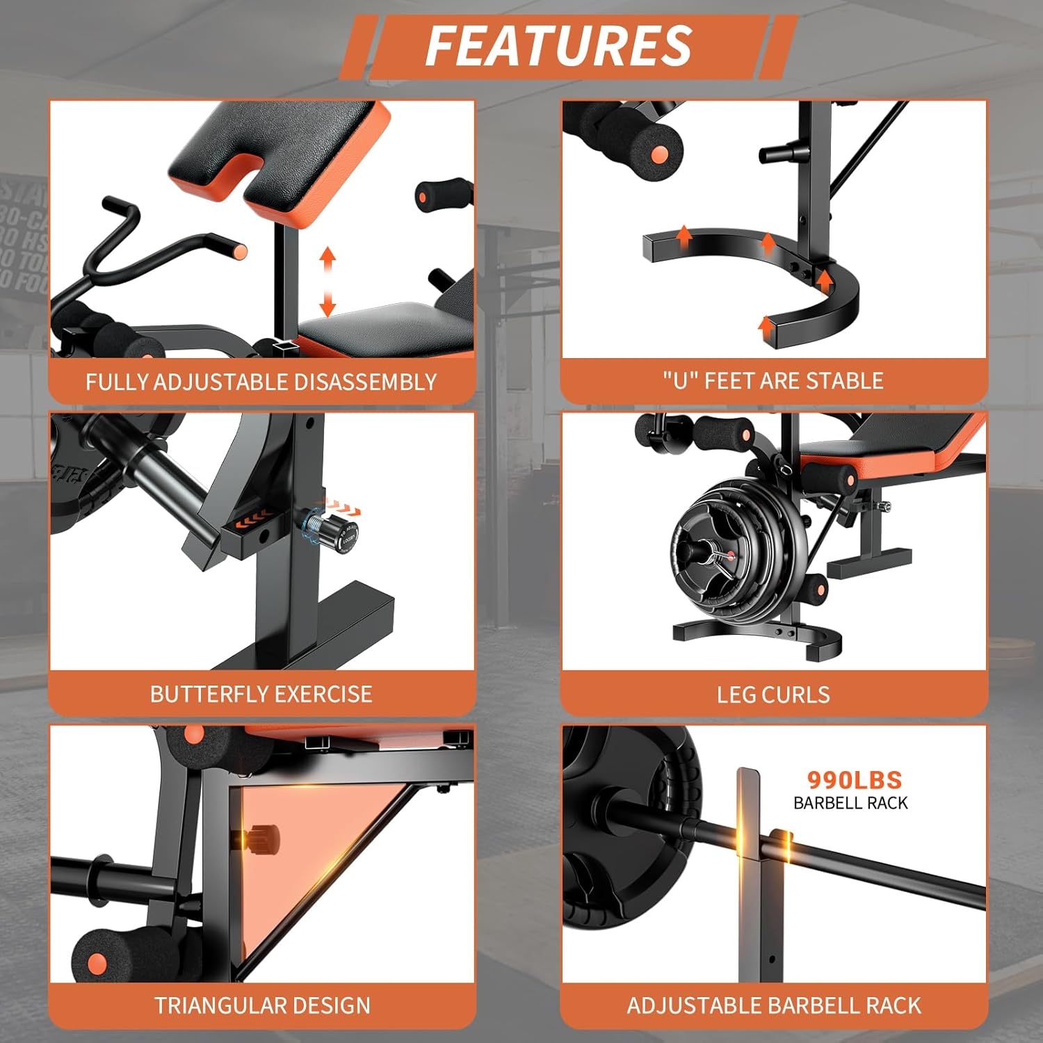 Fostoy Adjustable Weight Bench, Bench Press with Squat Rack, Olympic Weight Bench for Home Gym, Workout Bench with Preacher Curl Pad and Leg Develope for Full-Body Strength Training