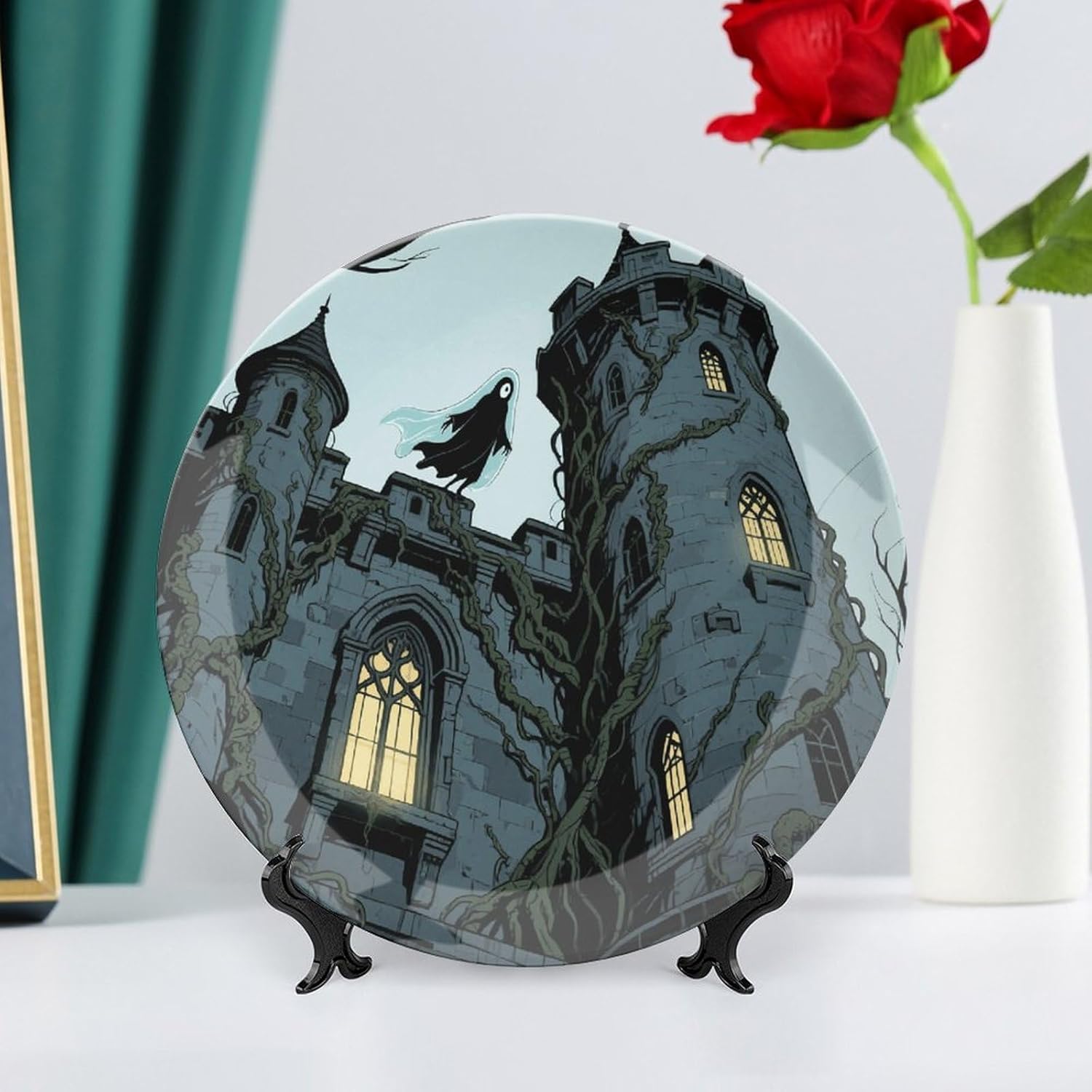 Ghost Castle Ceramic Plate 10inch Decorative Bone China Wall Hanging Ornament Plates Bohemian Style Dinner Plate with Display Stand Cabinet Display Plates for Home Art Decor