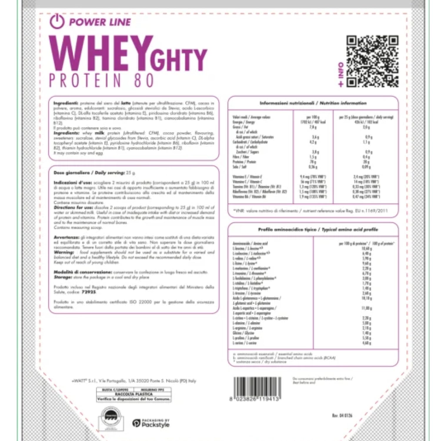 Wheyghty Protein 80 - Integratore a Base di Proteine del Latte all'80% - Formato: 750 g Doypack - Gusto: Cacao