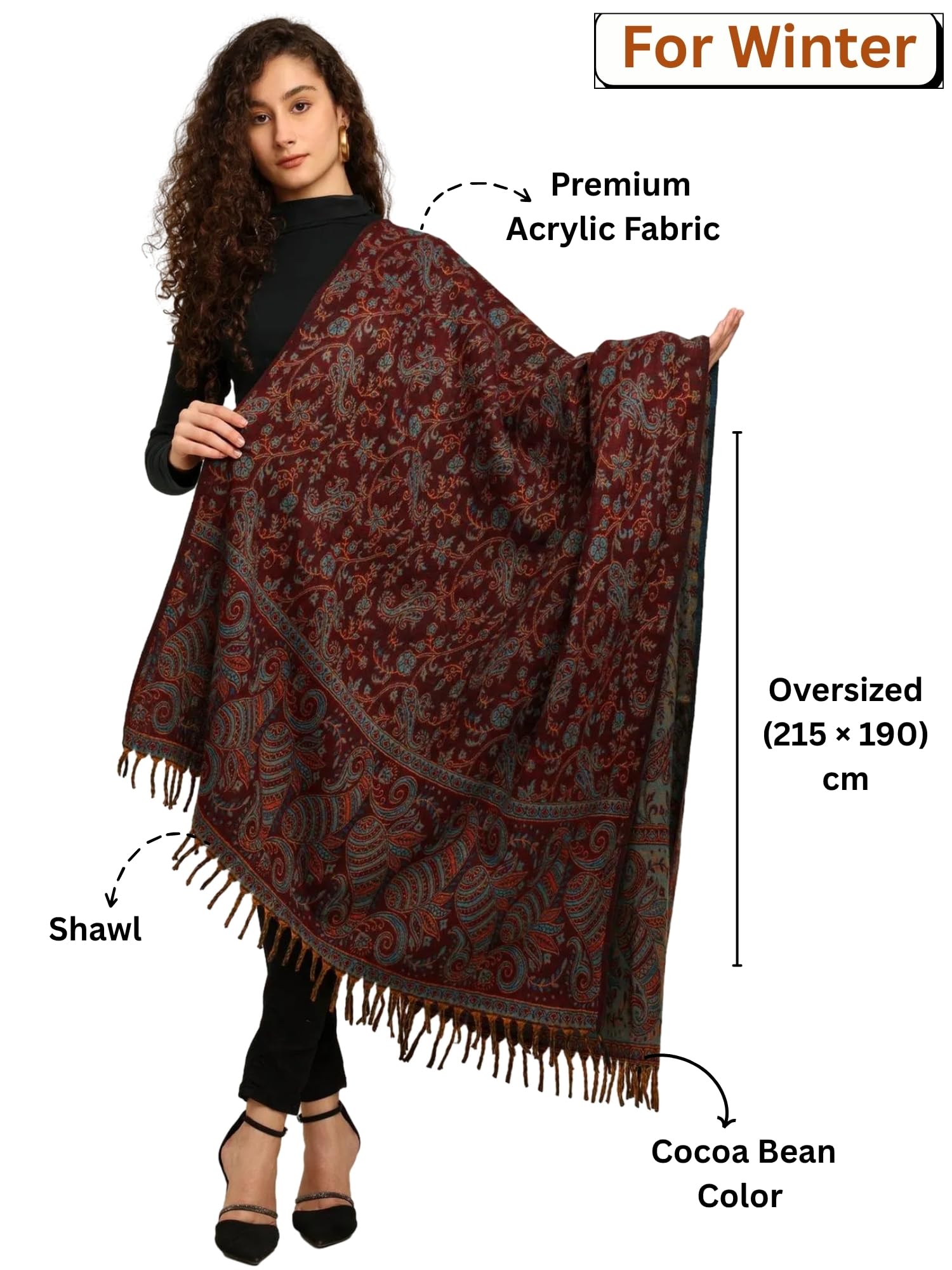 KE KANHA EXPORTS Embroidered Stole for Women | All-Season Soft Scarf/Shawl with Thread Work | Festive, Office & Travel (Woollen Knit Winter Shawl, Cocoa Bean, (Oversized 215 × 190 cm)) - Image 2 thumbnail