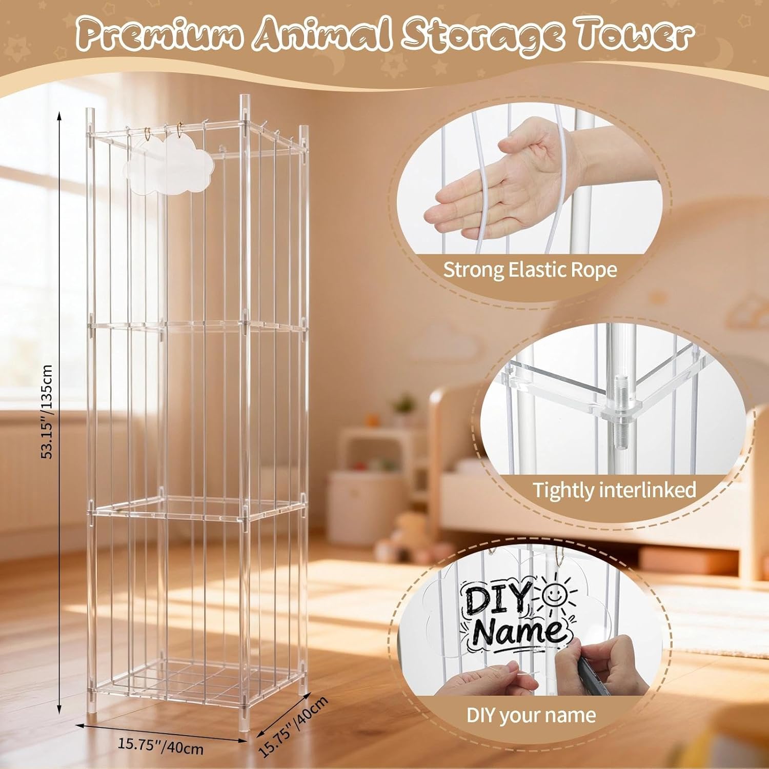 DRESSO Acrylic Stuffed Animal Storage Organizer, 53" Extra Large with LED Lights & Elastic Ropes, Adjustable 1-3 Tiers, Space-Saving Toy Rack for Kids/Play/Bed/Living Room(Transparent)