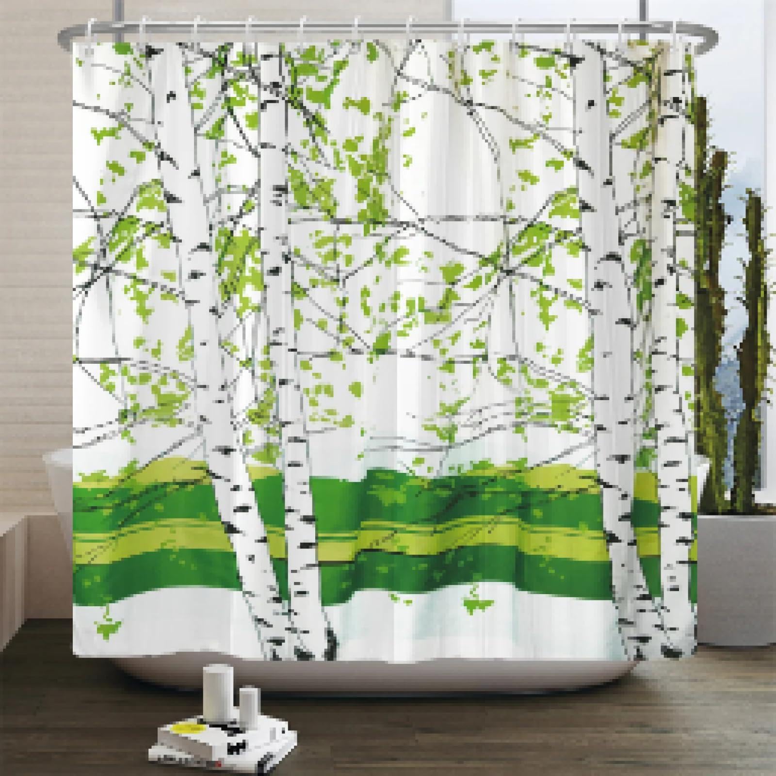 UIYIUI Birch Tree Print Shower Curtains 35X71in/90x180cm Simple Green Watercolor Plant Rustic Nature Scenery Bathroom Curtain for Home WC Hotel Guesthouse Bath Screen Decor with Hooks