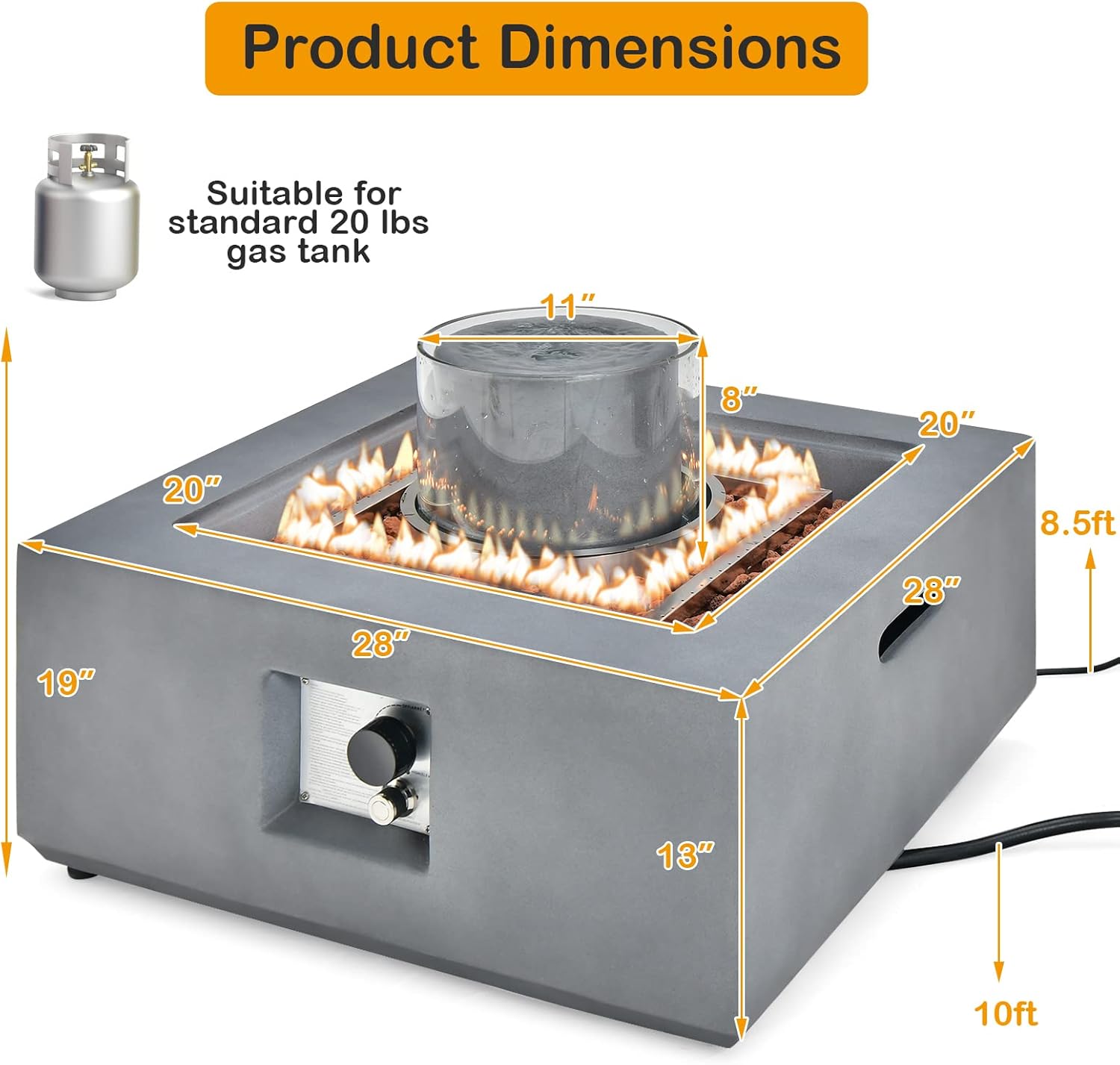 Giantex Fountain Fire Pit Table - 50,000 BTU Square Fire Table w/Middle Fountain, Wind Glass, Stainless Steel Burner, PVC Cover, CSA & UL Certificated, 28” Firepit for Patio, Poolside, Backyard,Gray
