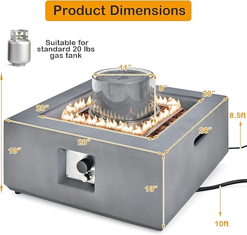 Miniatura 8 de Giantex Fountain Fire Pit Table - Mesa de fuego cuadrada de 50,000 BTU con fuente media, vidrio de viento, quemador de acero inoxidable, cubierta de