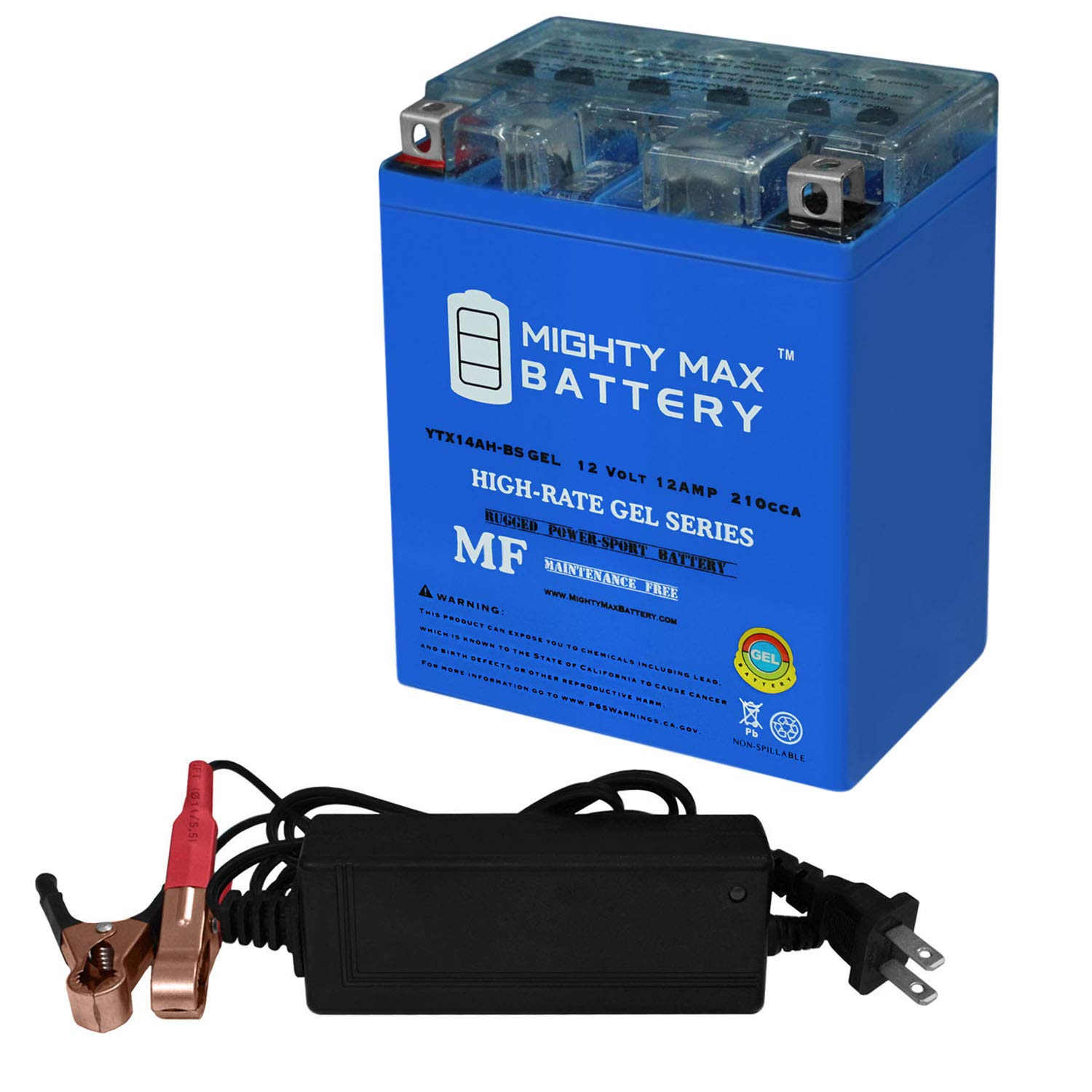 Mighty Max Battery YTX14AH GEL Battery Replaces Indian 1133 Scout 2016 + 12V 2Amp Chargr