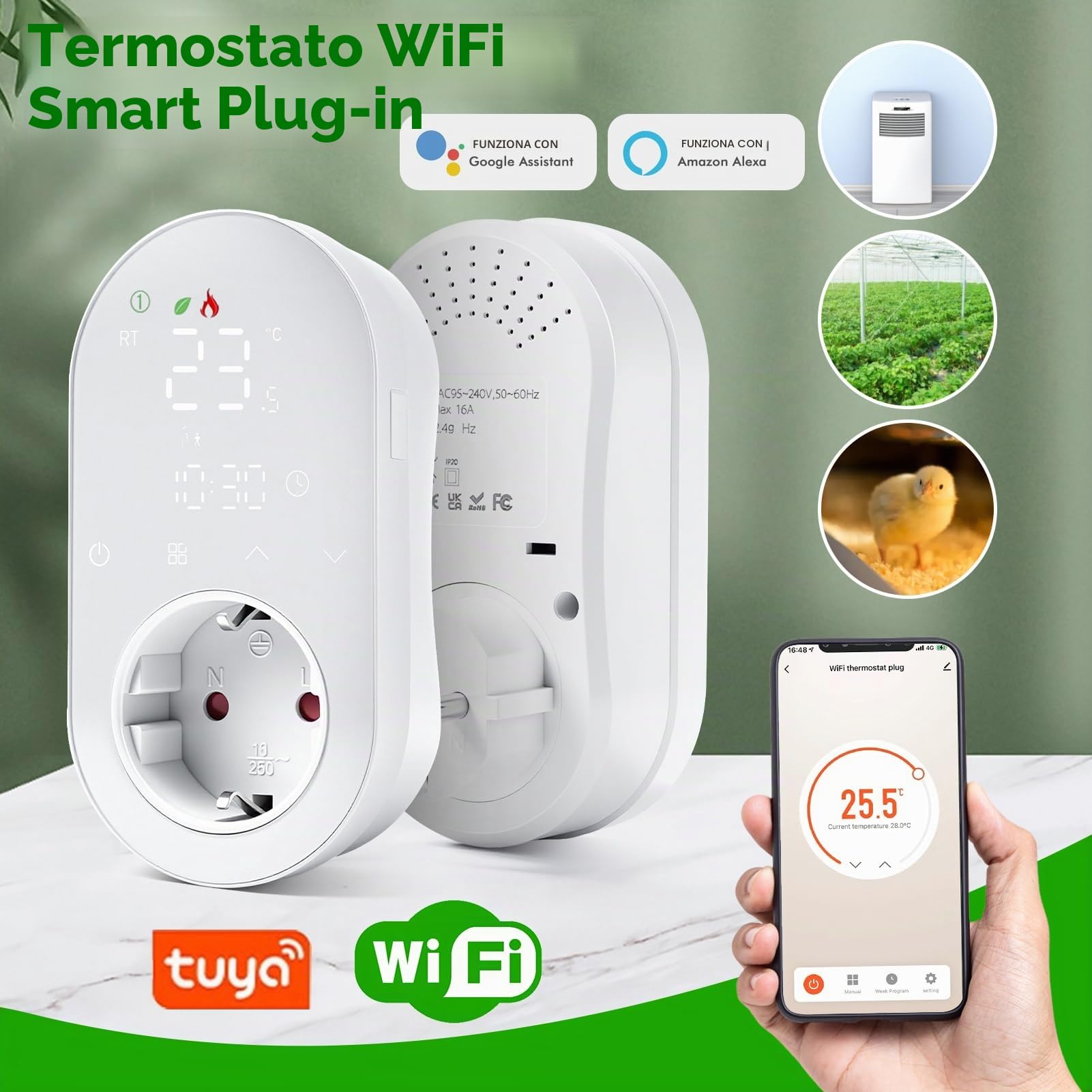 Presa termostatica Wi-Fi, 220 V, 16 A, Regolatore di Temperatura Programmabile con Modalità di Riscaldamento e Raffreddamento, Termostato Digitale a LED, compatibile con Smart Life/Alexa