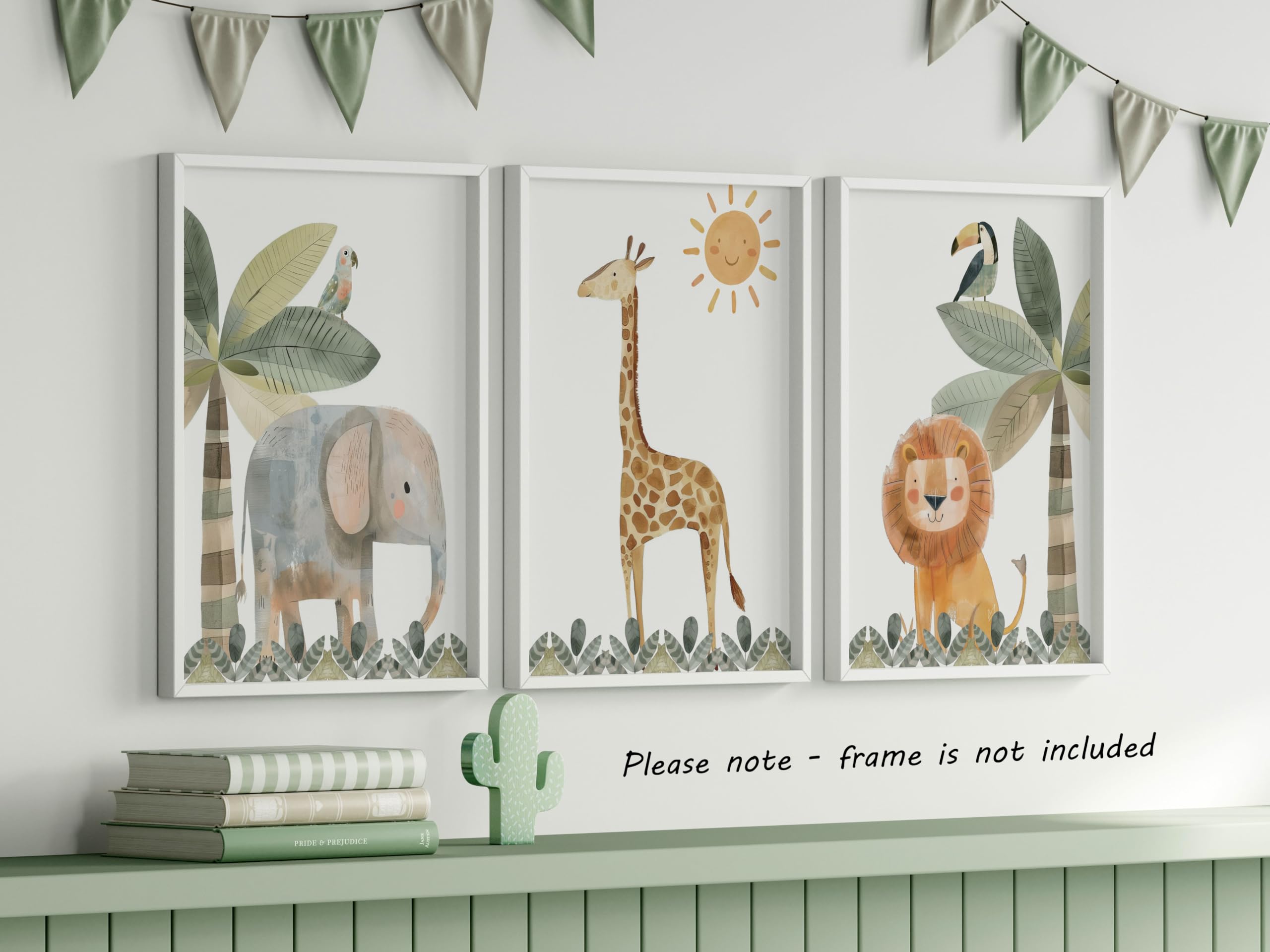 Eviepops Prints Quadri Cameretta Safari – Set di 3 Stampe Animali Acquerello Elefante, Giraffa, Leone Toni Neutri Decorazione Parete Bambini e Sala Giochi (A3)