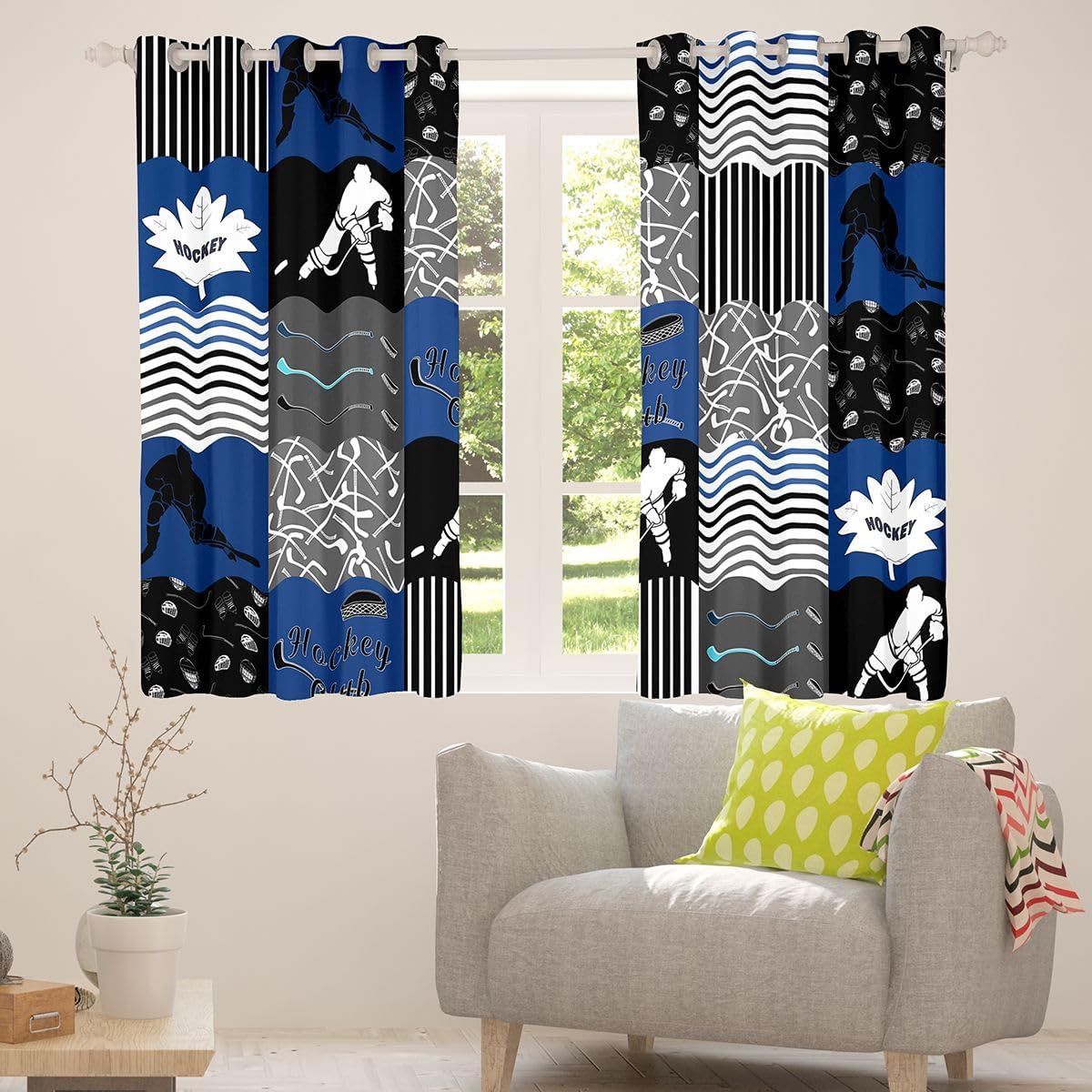 jejeloiu Ice Hockey Curtain for Kids Boys Girls (2 Panels, 42 x 84 Inch) Ice Hockey City Window Drapes Modern Fashion Blackout Shades Room Darkening Curtain Sports Theme Window Treatments
