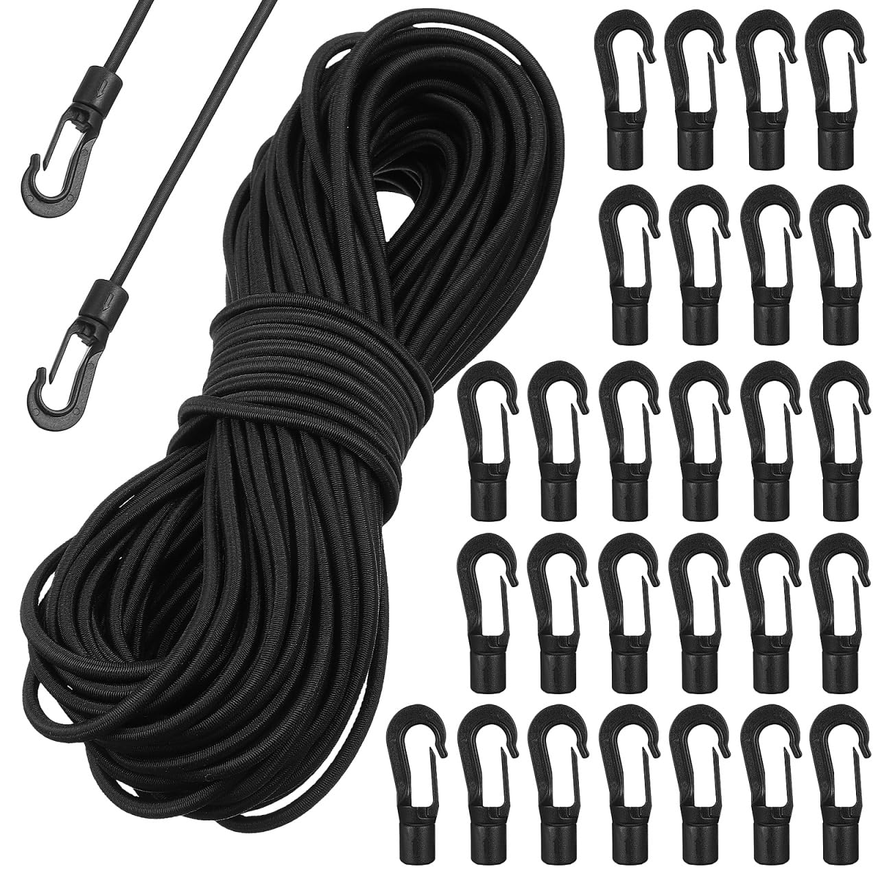 UKCOCO 20m Bungee Cords With Hooks: 4mm Heavy Duty Elastic Cord with 50 pcs Hooks for Backpack Tarpaulin Trailer Tent Poles Kayak,Black