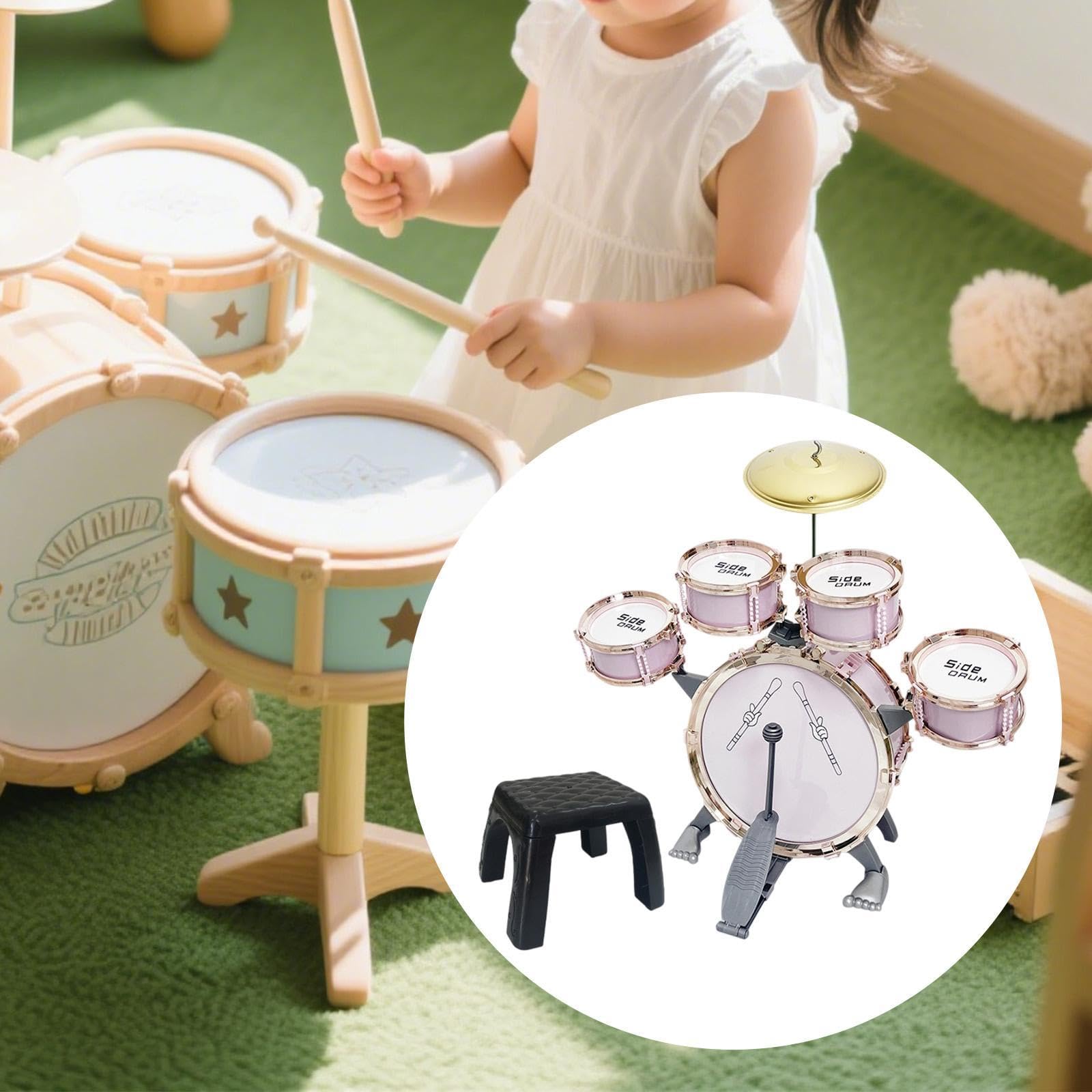 Batteria Bambini Playset Percussioni Giocattolo Strumento Musicale Sgabello in Materiale Pp Adatta per Divertimento Regalo Camera da Letto a, Rosa