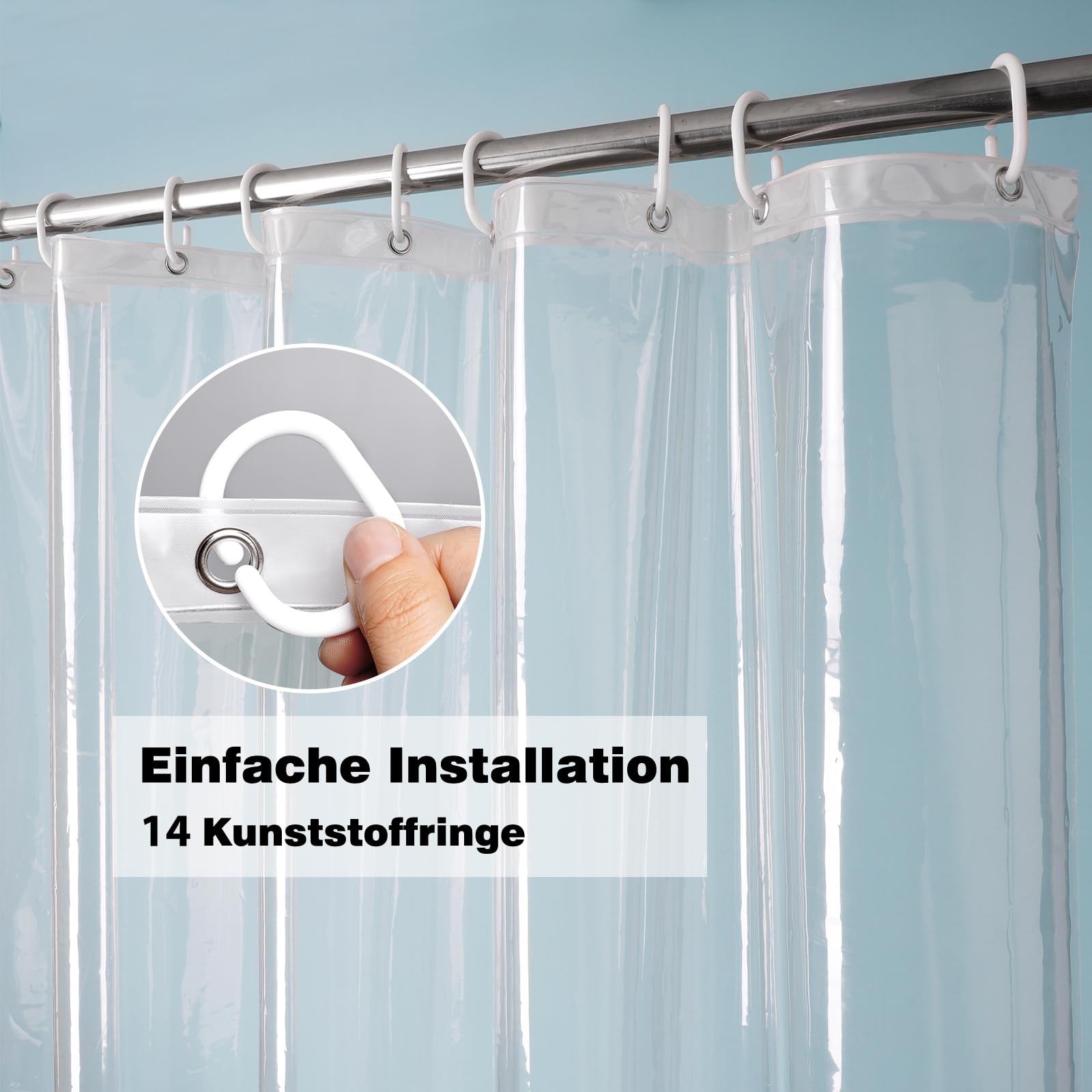 EurCross Cortina de ducha 200 x 200 cm, transparente, antimoho, cortina de baño con 5 imanes inferiores para baño, plástico PEVA impermeable cortinas de ducha con 14 anillos