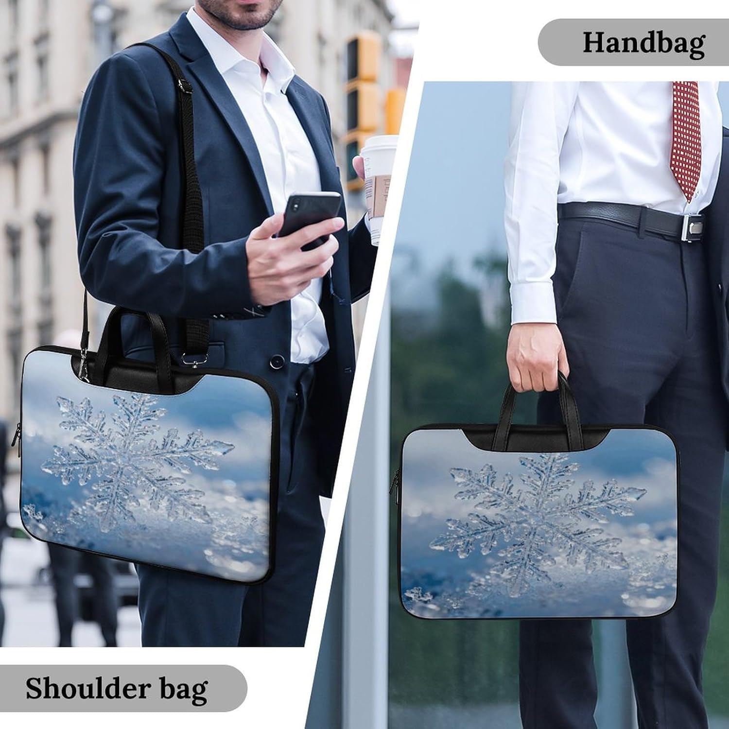 Icy Snowflakes 42x30.5cm Black-style Laptop Bag Leather Tablet Computer Briefcase Large Capacity Work Business Tote Bags for Office