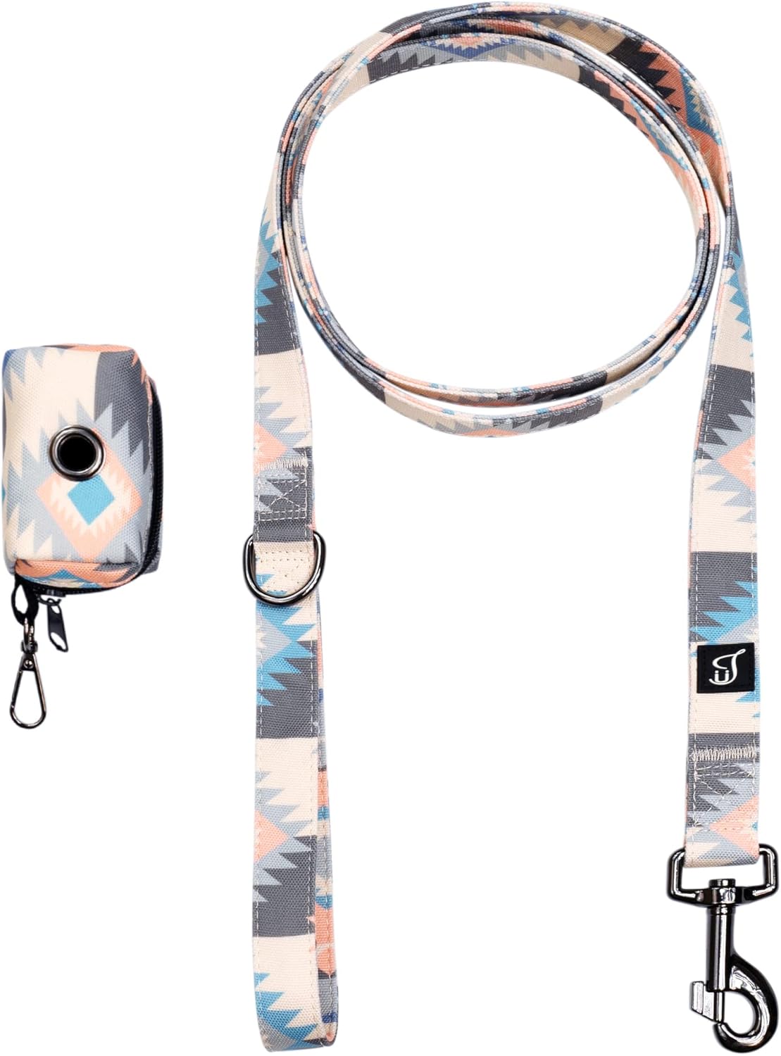Ultra Joys Dog Leash with Dog Poop Bag Dispenser - Heavy Duty Cotton Fabric Pet Leash with Metal Clasps - Boho Aztec 6ft Dog Leash and Dog Waste Bag Holder Carrier