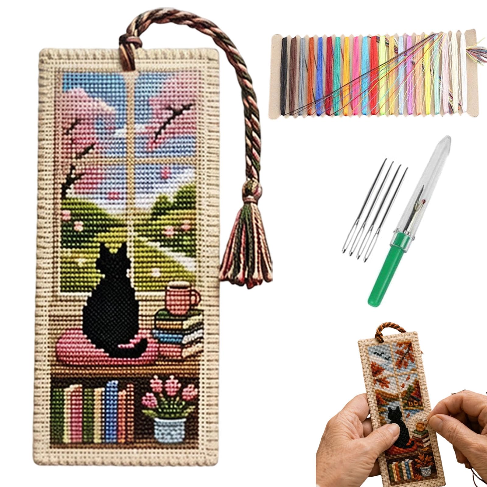 tiwuuyo Seasonal Cat Cross Stitch Bookmark, Black cat Bookmarks Cross Stitch kit for Beginners,Vintage DIY Stamped Embroidery with Backing Felt Floss Instructions,Cozy Gift for Book Lover (Spring)