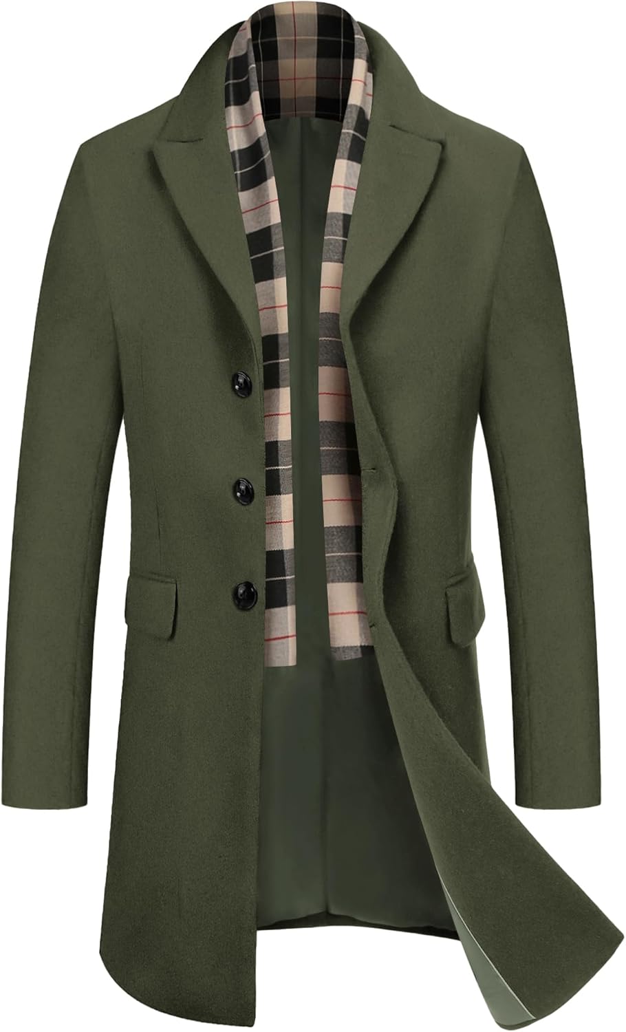 COOFANDY Men's Wool Blend Coat with Detachable Plaid Scarfs Notched Collar Single Breasted Pea Coat Trench Overcoat