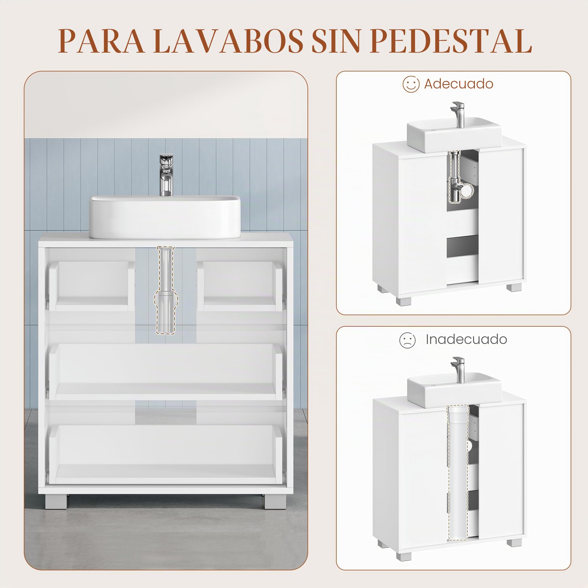 HEXCELEN Mueble Bajo Lavabo, Mueble Baño con 3 Cajones, Armario de Baño, con Patas Elevadas, para Lavabo Sin Reborde, Moderno, 30 x 60 x 63 cm, Blanco