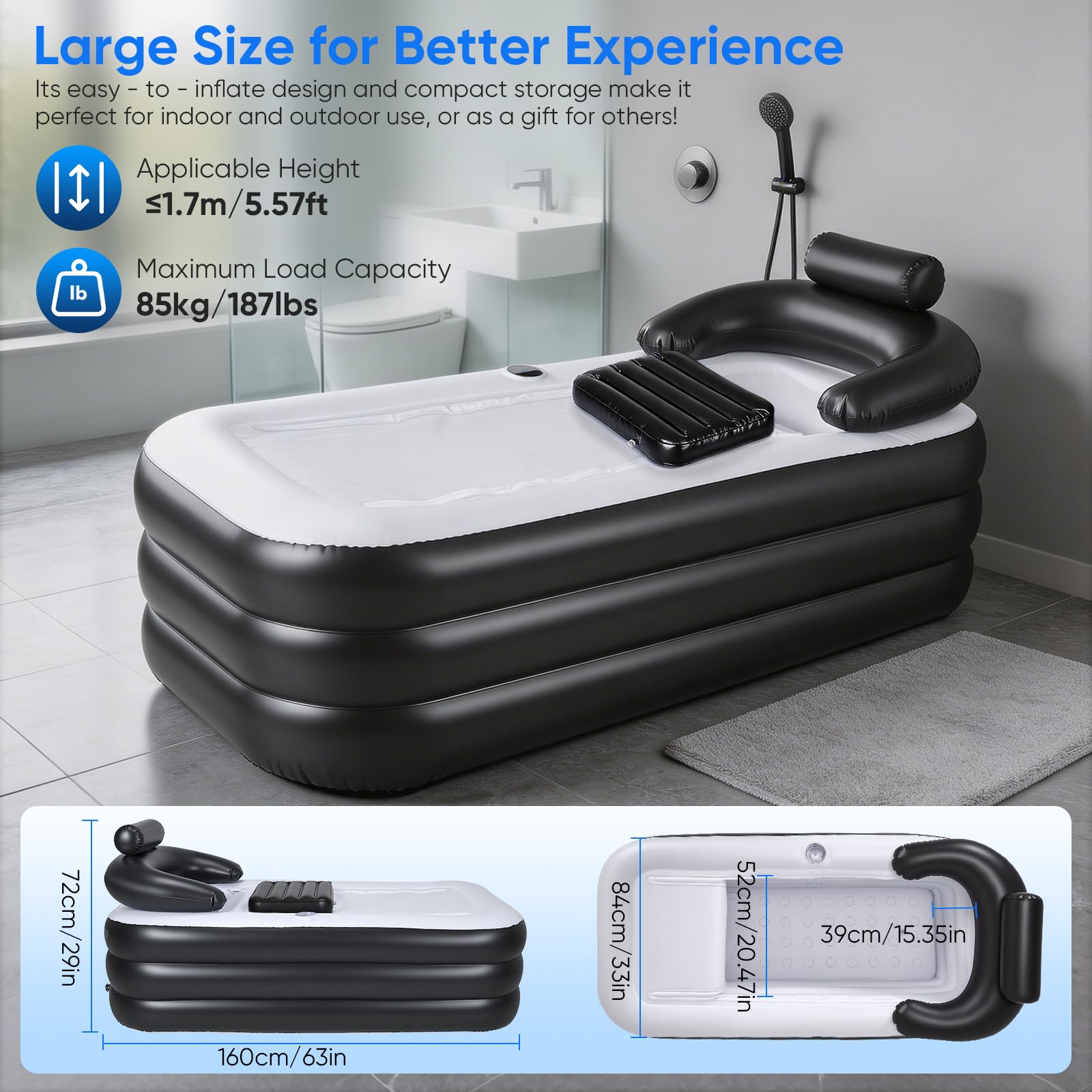 Bañera Adulto Portátil, 3 Min Inflación Rápida con Bomba Eléctrica, Bañera Hinchable Plegable con Tapa Aislante, Reposacabezas en U, Soporte para Vasos, Para Jardín Camping Baño, Negro-Blanco