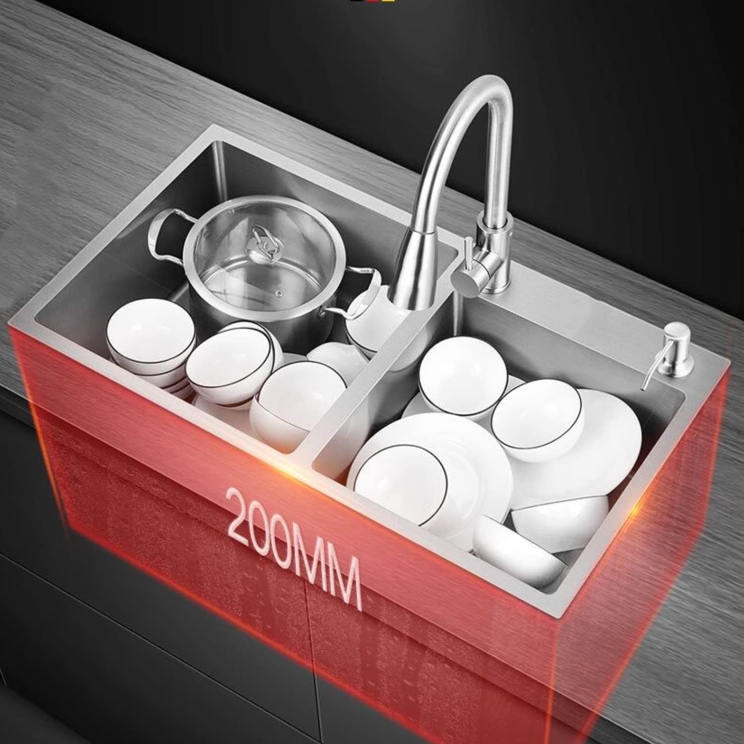 Lavello da Cucina in Acciaio Inox Fatto a Mano con 2 Fori Doppio Lavello con kit di scarico e filtro cestello, 78 * 43 * 20cm (Argento)