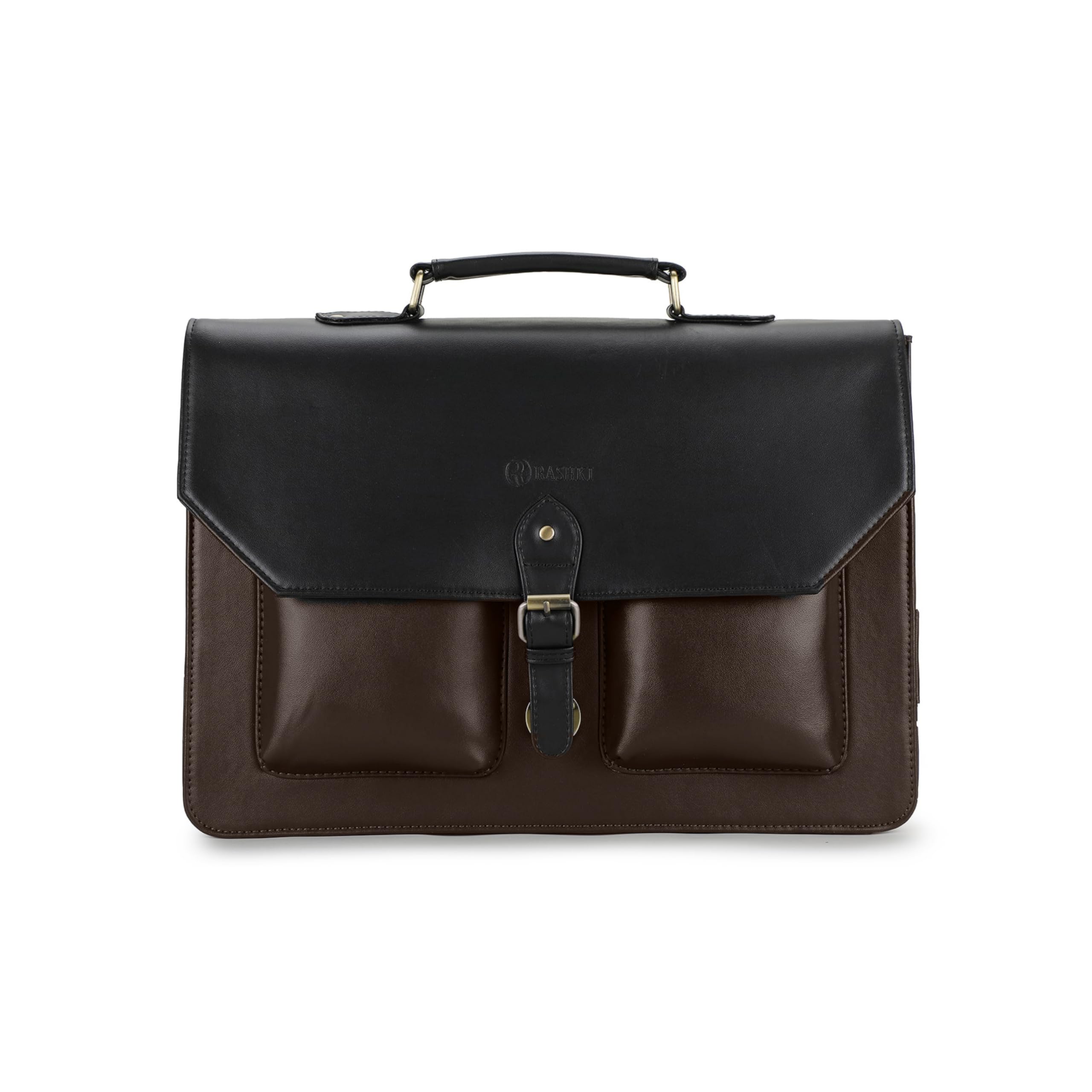 RASHKI TASCA - Office Bag for Men and Women | Vegan Leather Messenger Breifcase| 15.6 / 14.5 Inch Laptop Compertment| For office and Travel Use | Detachable and adjustable Shoulder Strap | Work Breifcase | Professional Bag (BLACK & BROWN)