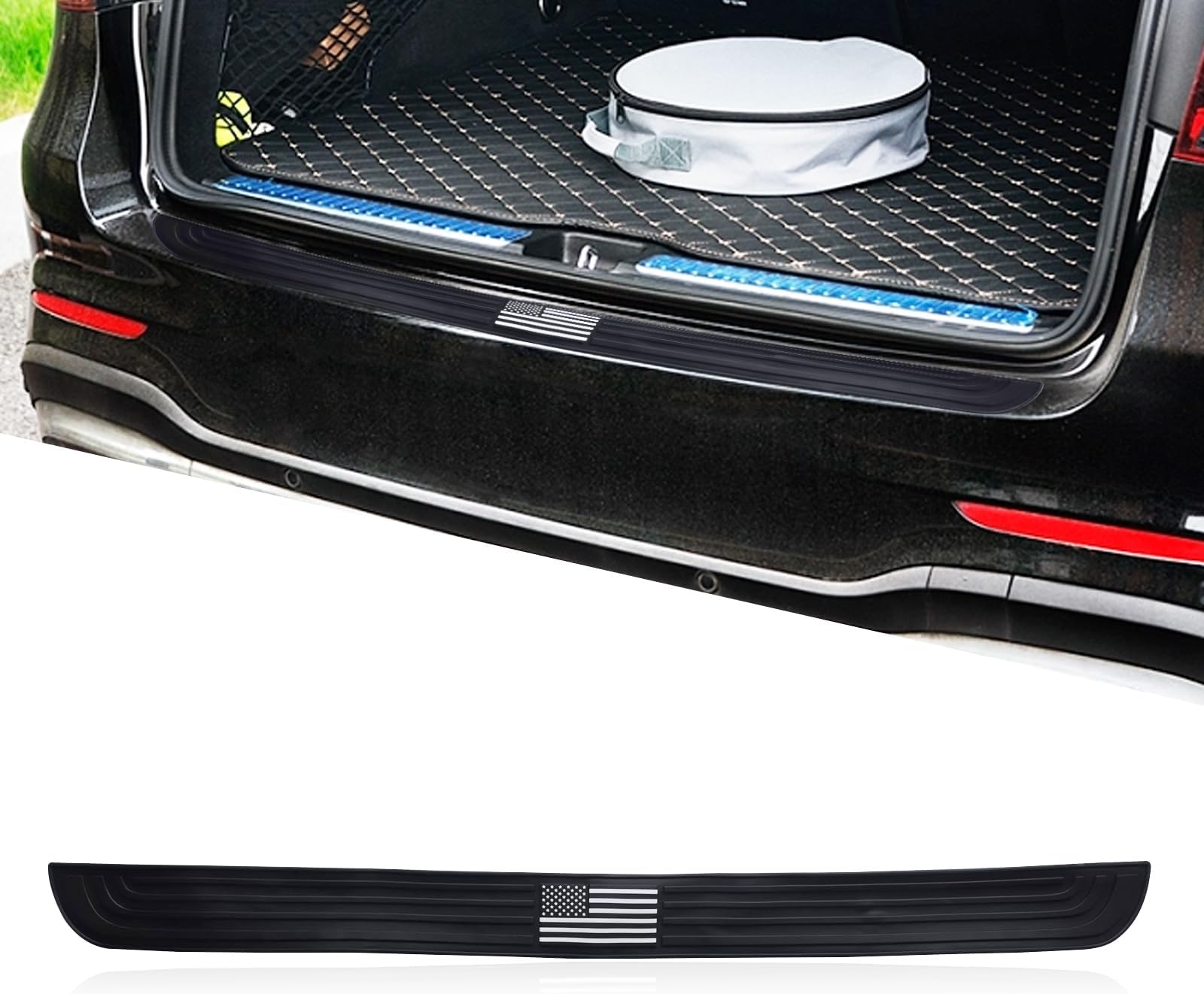 Fogfar1 PC Car Trunk Anti-Scratch Strip, 35.43" x 2.75" PVC American Flag Black Edge Three-Dimensional Printed Protective Sticker, Self-Adhesive Decorative Accessories, for Cars, SUVs (Black)