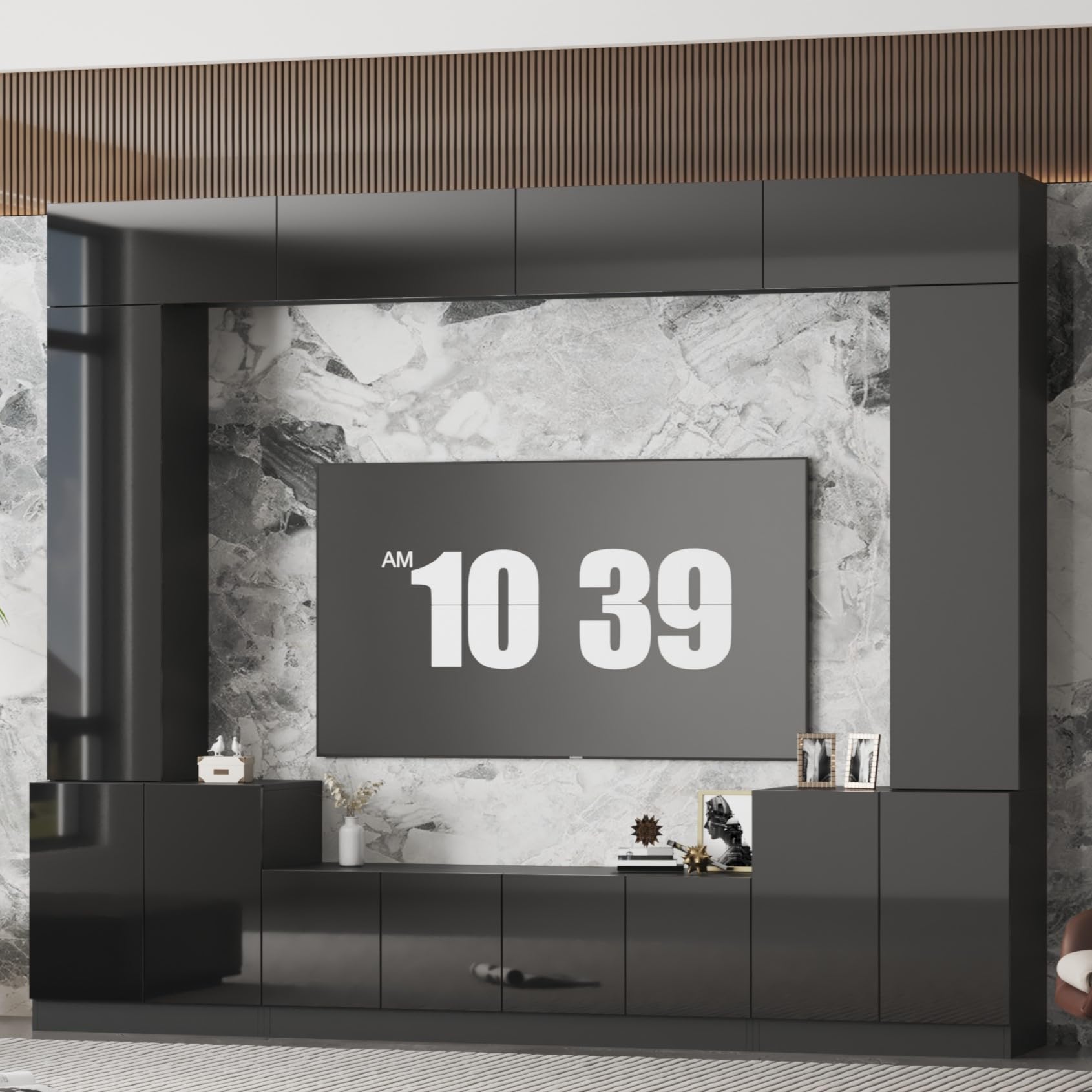 AIEGLE High Gloss Entertainment Center with Storage Bridge, Modern Media Console Table Wall Unit Shelves for 70 75 inch TV, TV Stand Set, Black, 94.5”W