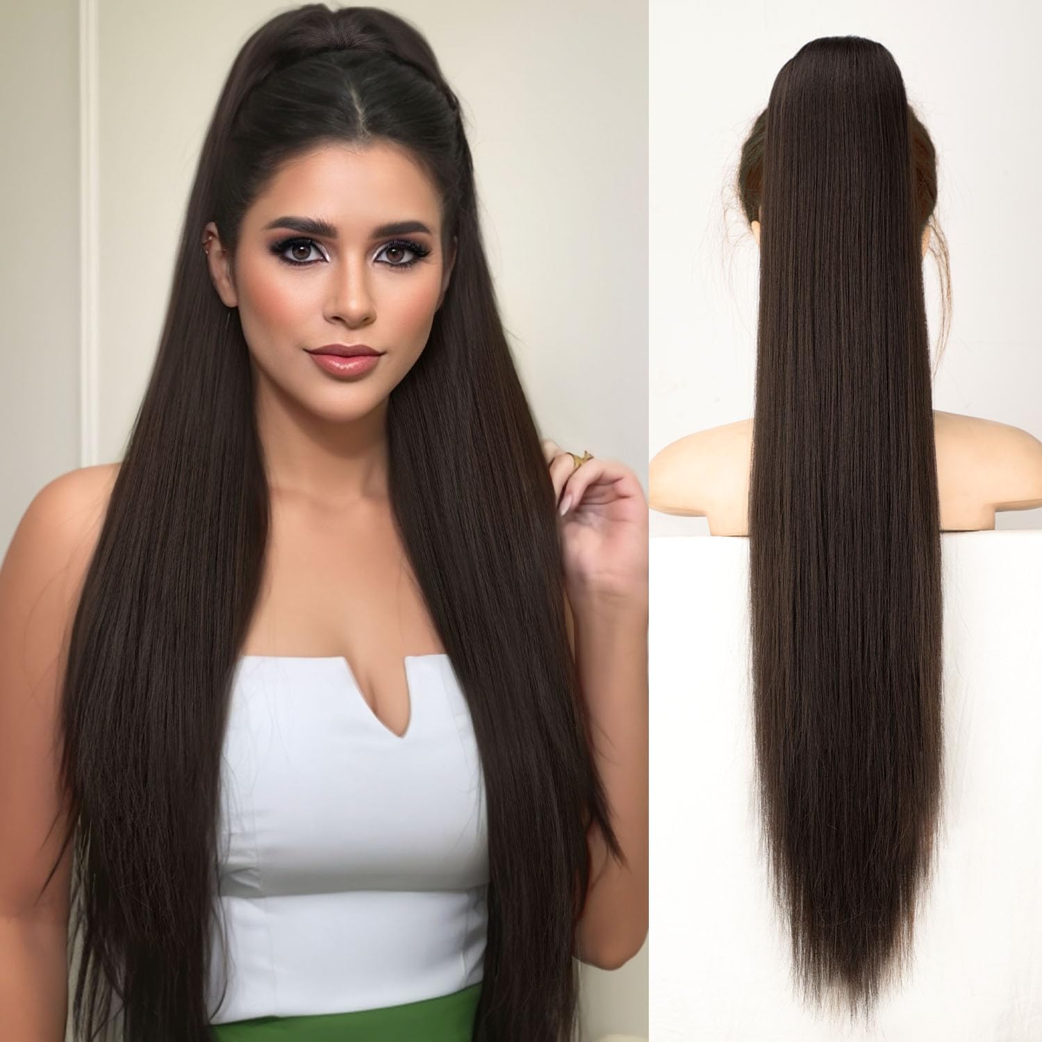 ORSUNCER Drawstring Ponytail Extension, Long Straight Pony Tails Hair Extensions Natural Soft Clip in Ponytail for Women Synthetic Hairpieces Dark Brown