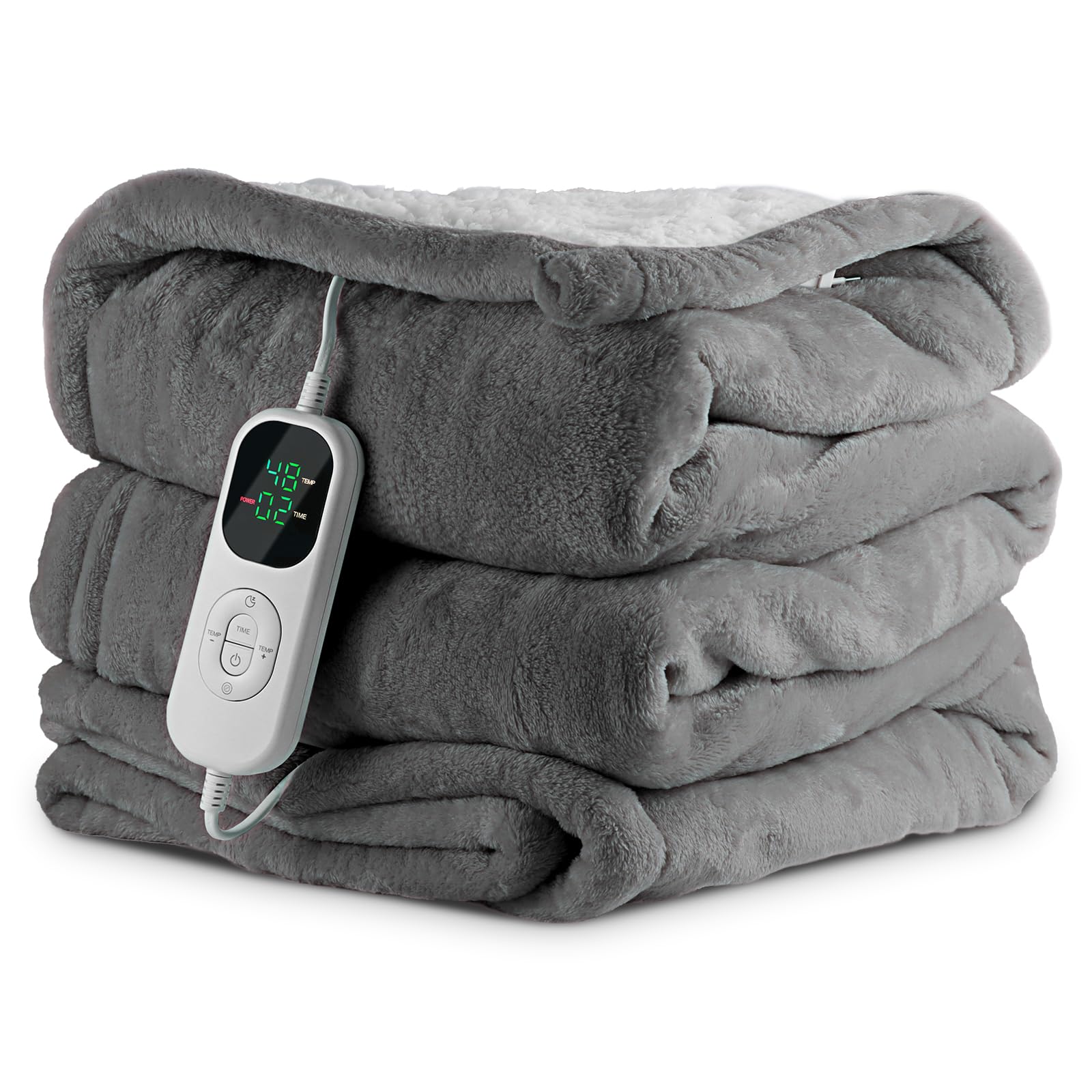 Electric Blanket Plush Cotton-Sherpa, 30S Fast Heating Anti-Dust & Sleep Mode, 6 Heat Levels, Timer 1-10h, Overcalculation Protection, Machine Washable (Grey, 200 x 180 cm)