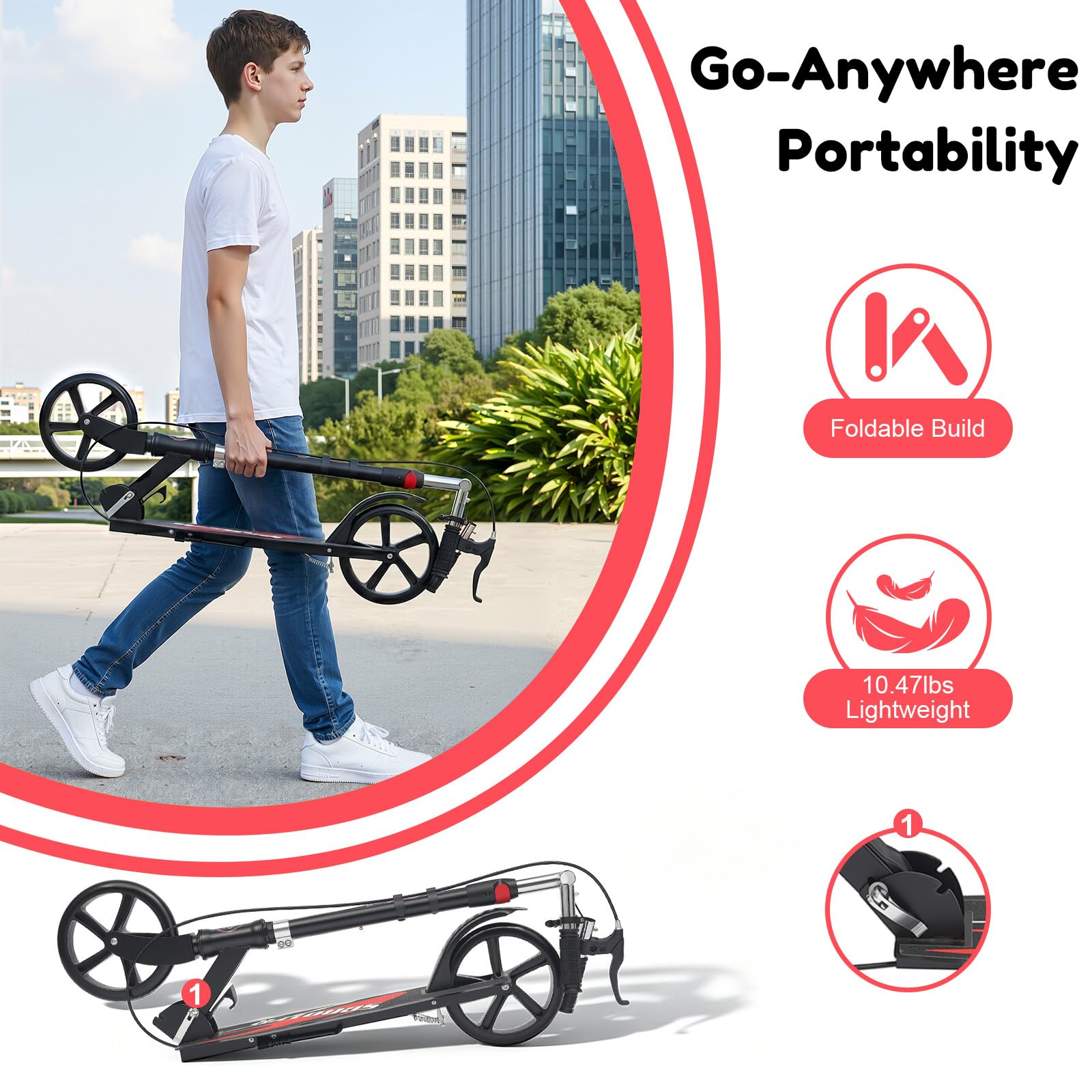 Patinete de ciudad plegable con cesta de almacenamiento y soporte de seguridad, patinete portátil plegable para desplazamientos, compras, capacidad de carga de hasta 150 kg